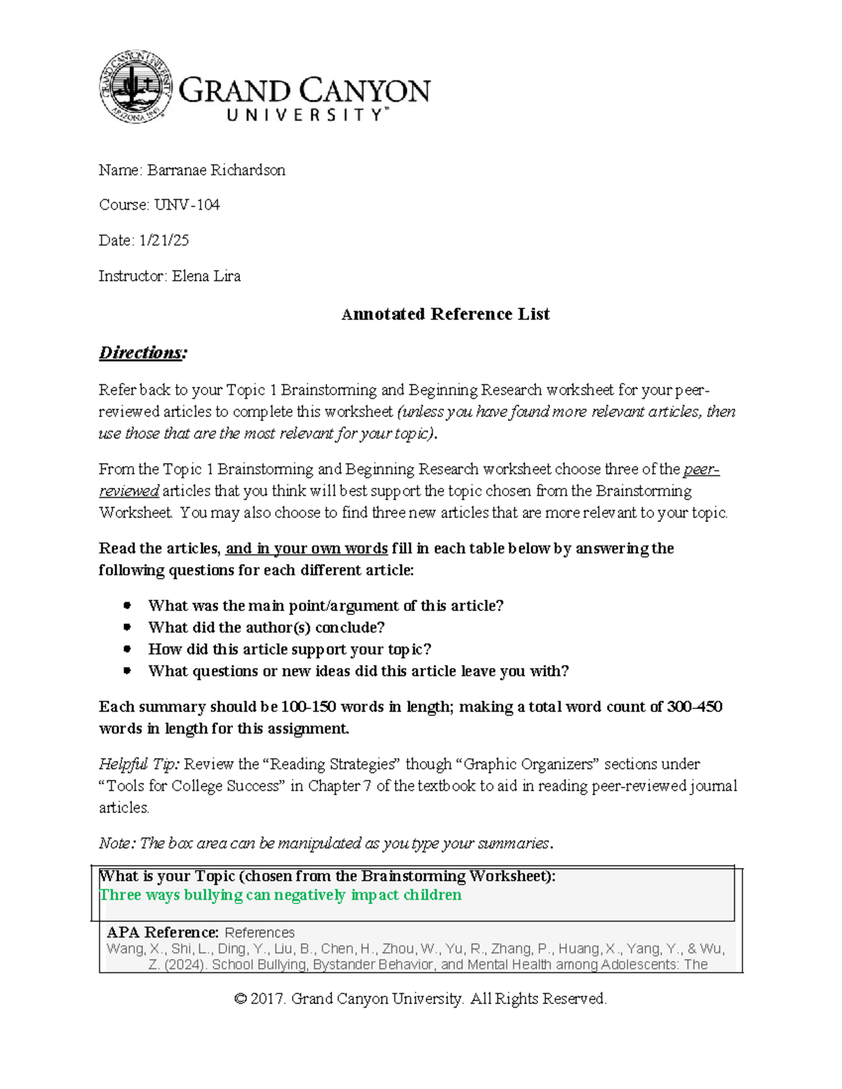 Annotated reference sheet - Name: Barranae Richardson Course: UNV- Date ...