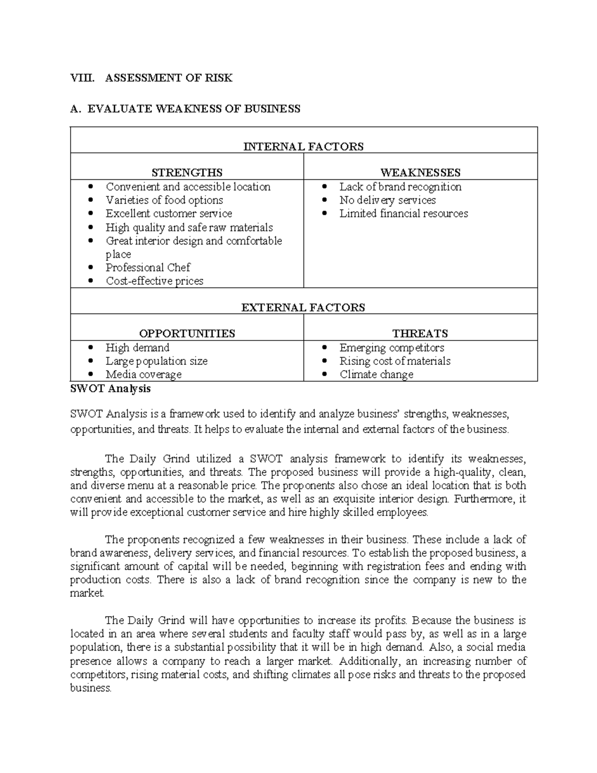 SWOT Analysis 054246 - VIII. ASSESSMENT OF RISK A. EVALUATE WEAKNESS OF ...