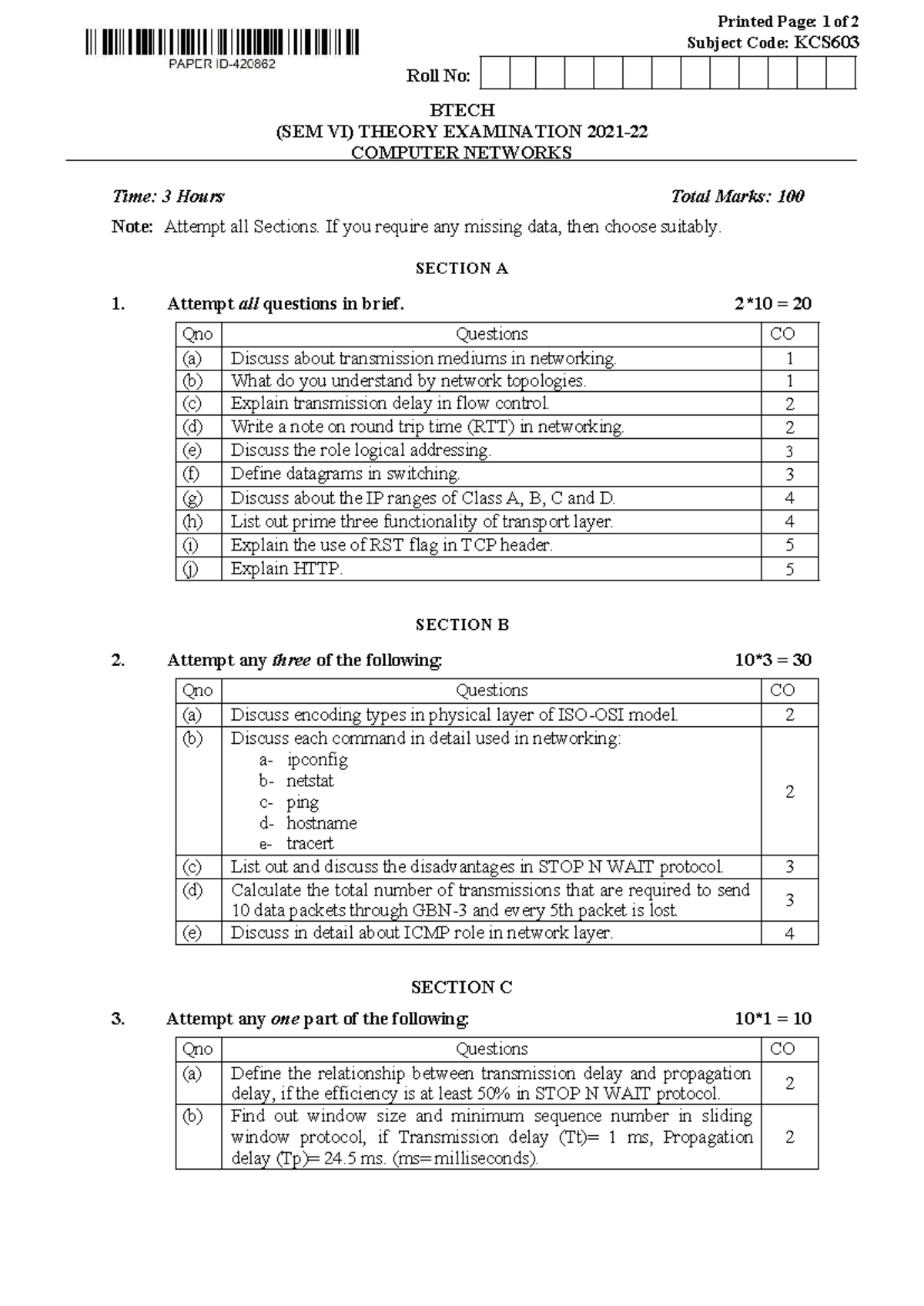 Btech-cs-6-sem-computer-networks-kcs603-2022 (Question Papers ...