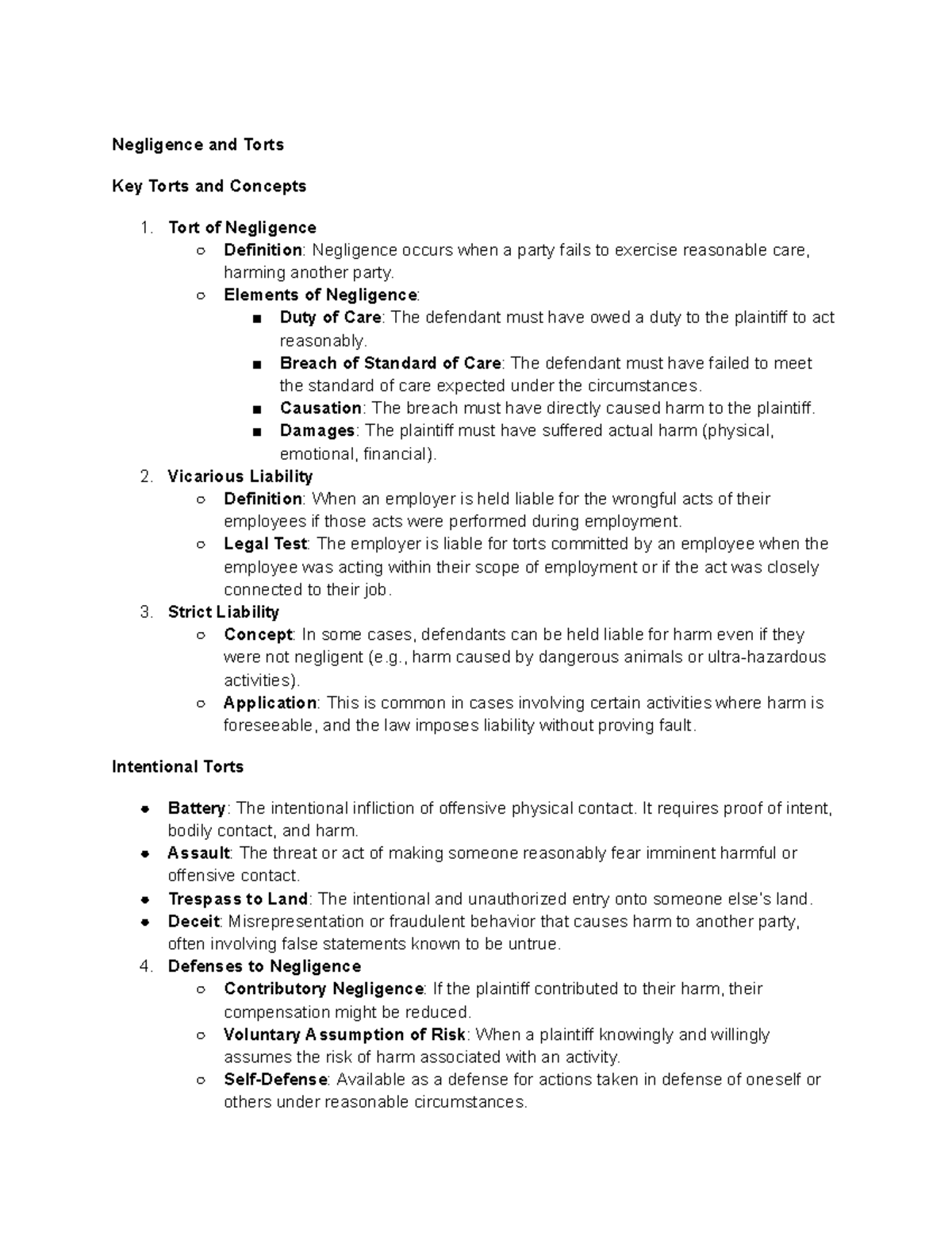 Law 101 Midterm Exam Notes: Key Torts and Concepts - Studocu