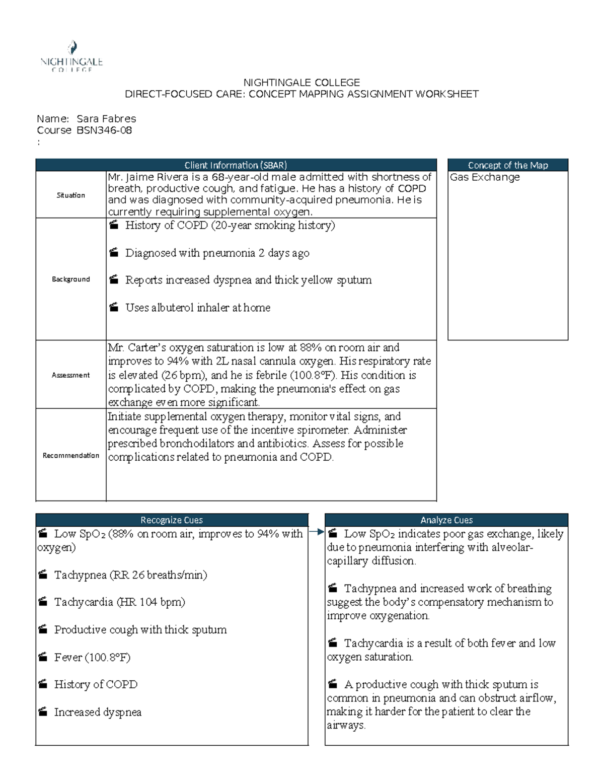 NIGHTINGALE COLLEGE CARE: GAS EXCHANGE CONCEPT MAP ASSIGNMENT - Studocu
