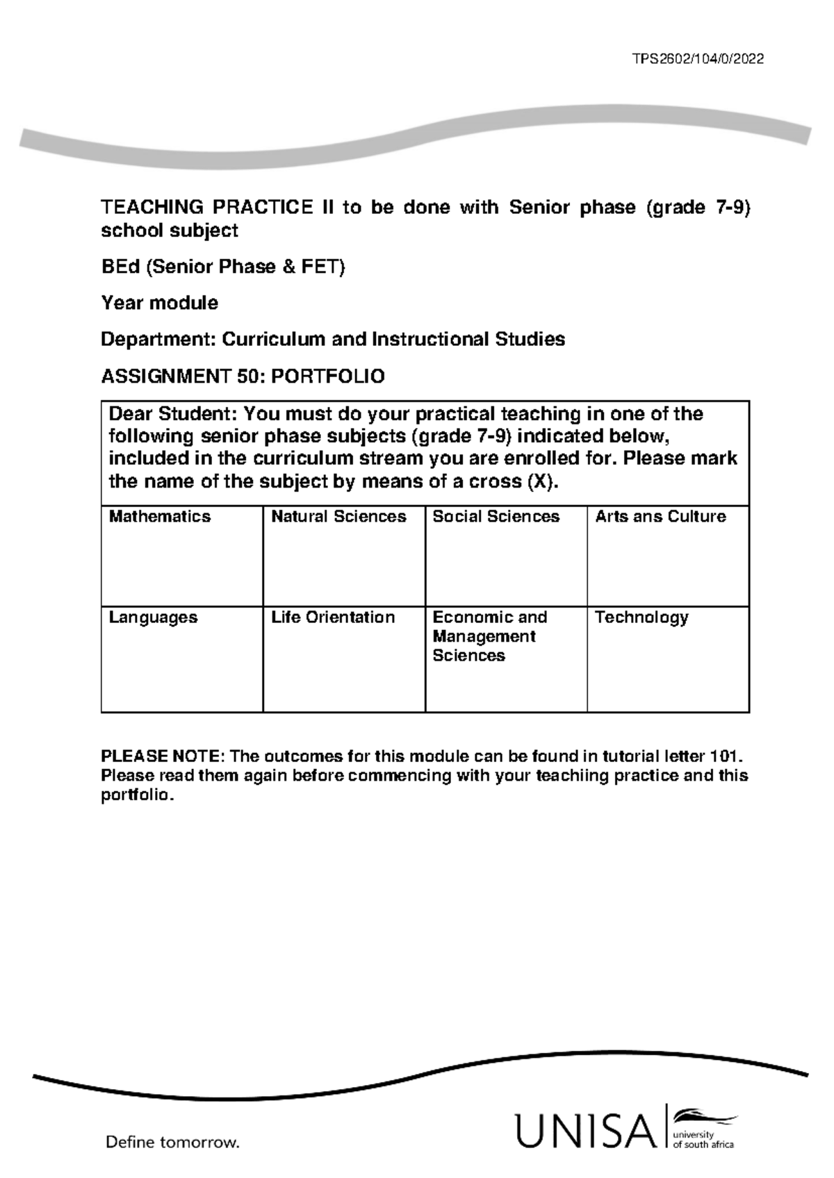 TPS2602 Teaching Practice II Assignment 50 Portfolio Guide - Studocu