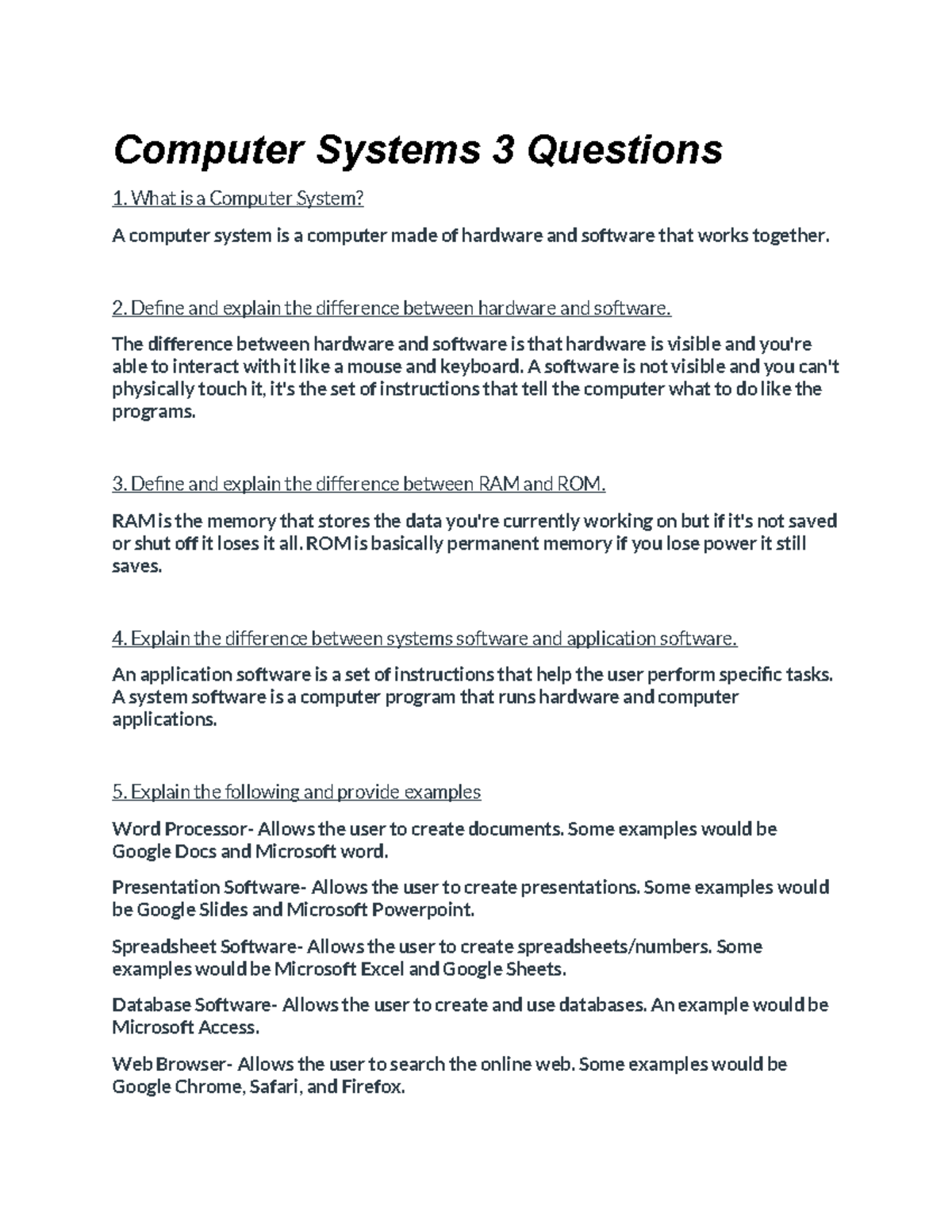 CS 3 Quiz Questions: Understanding Computer Systems, Hardware ...
