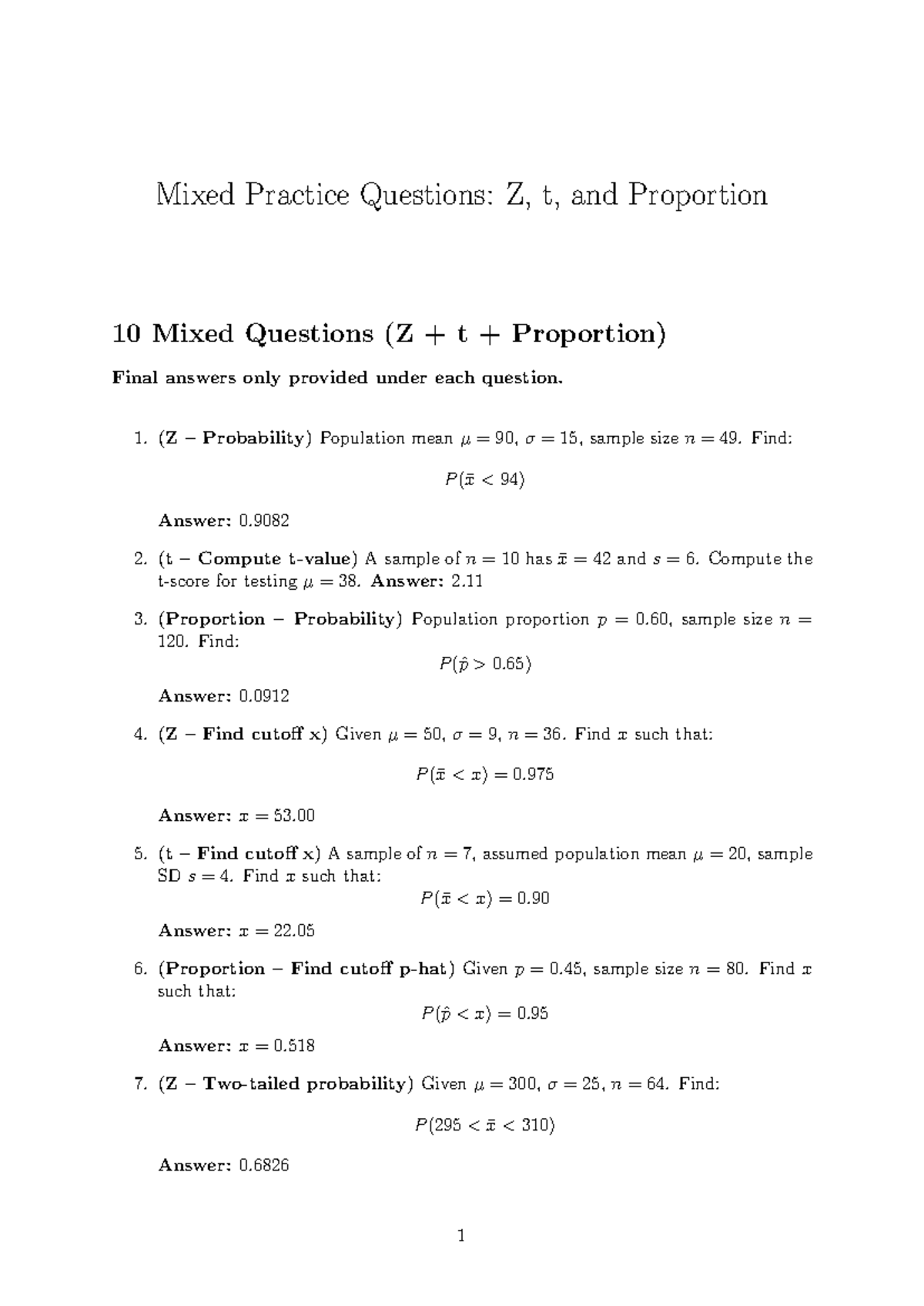 Mixed Practice Questions: Z, t, and Proportion - Chapter 6 Final Exam ...