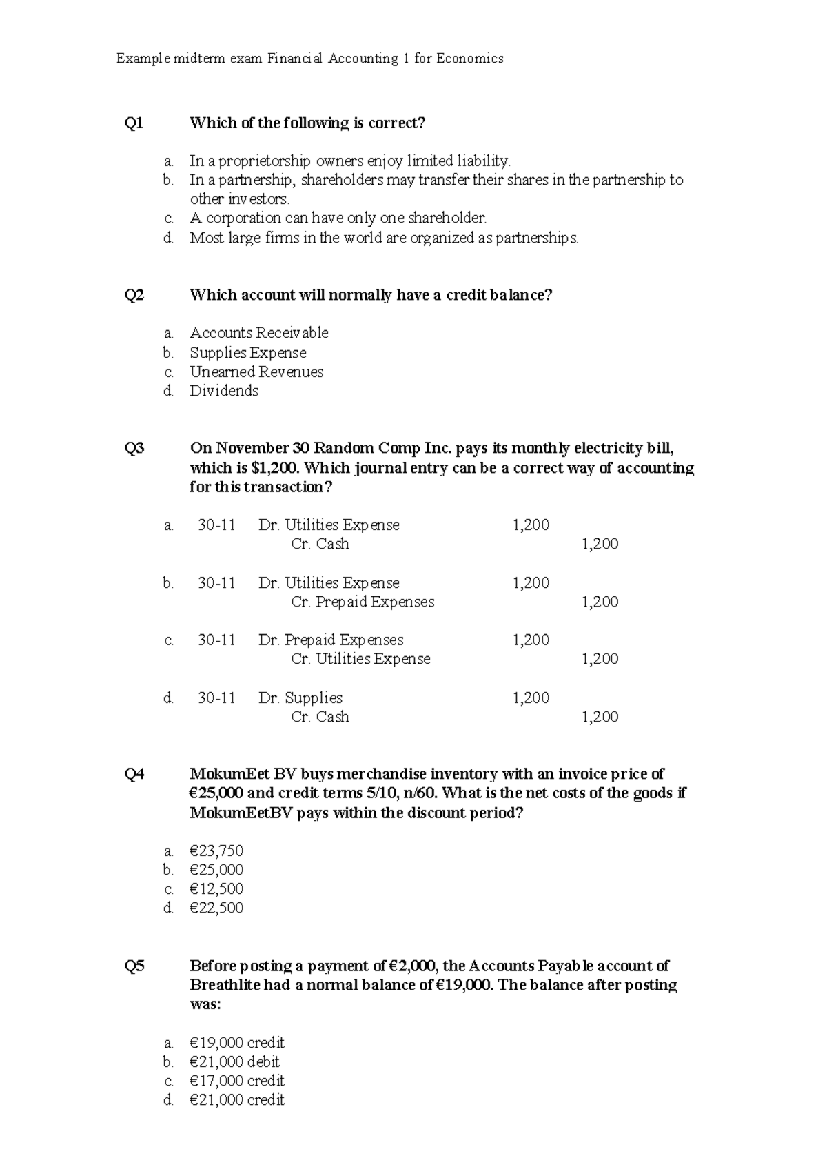 Example Midterm Exam Financial Accounting 1 for Economics - Studeersnel