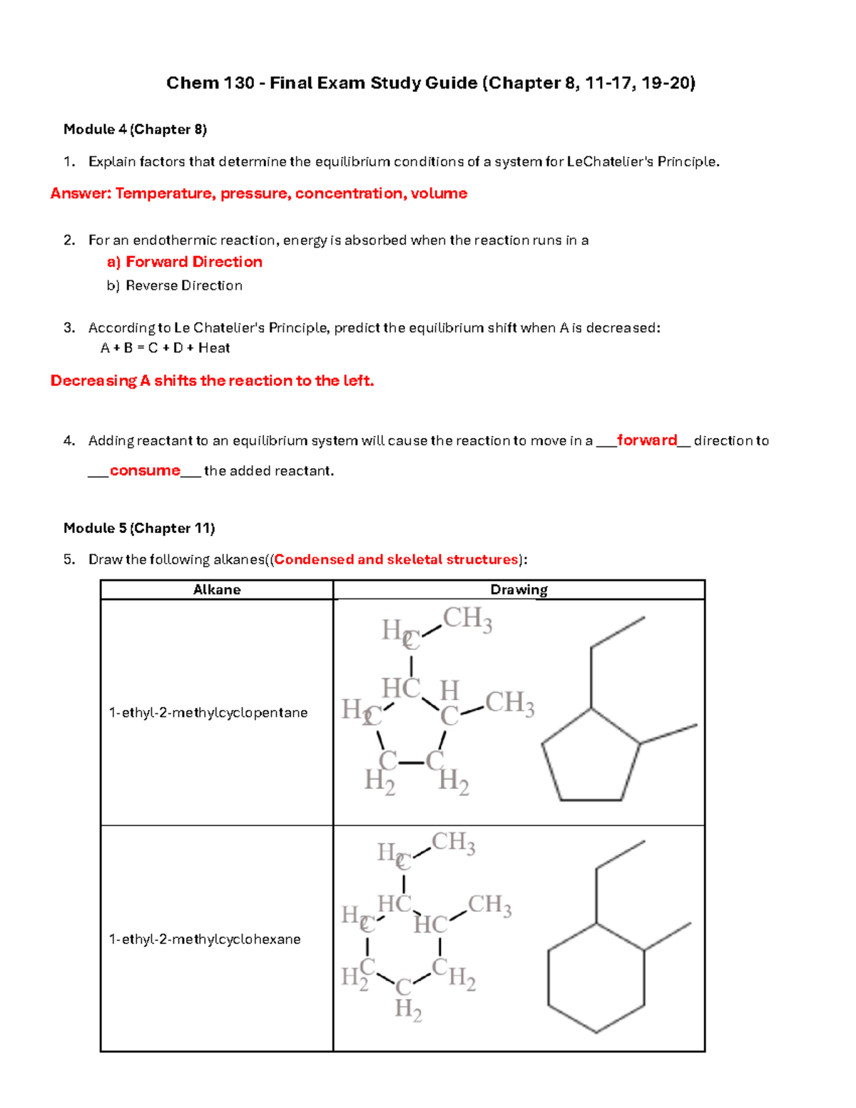 Chem 130 Final Exam Study Guide: Equilibrium, Alkanes, and Amino Acids ...
