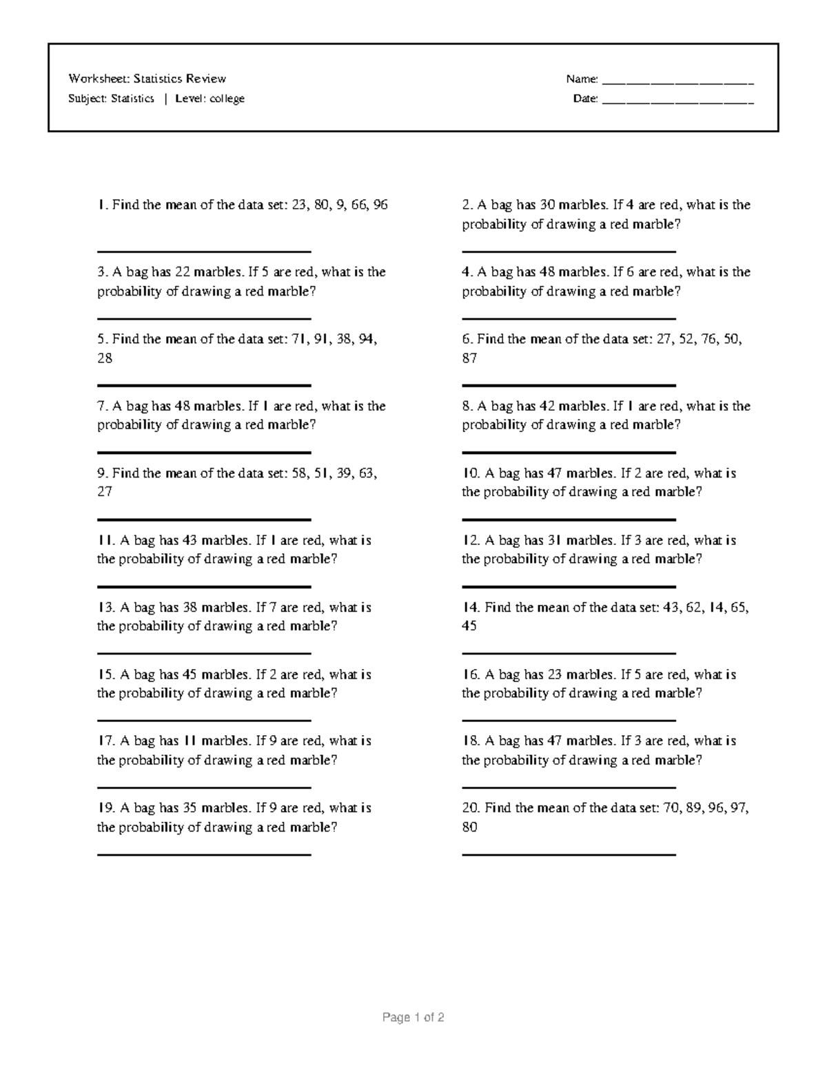 Statistics Review Worksheet: Mean & Probability Problems - Studocu