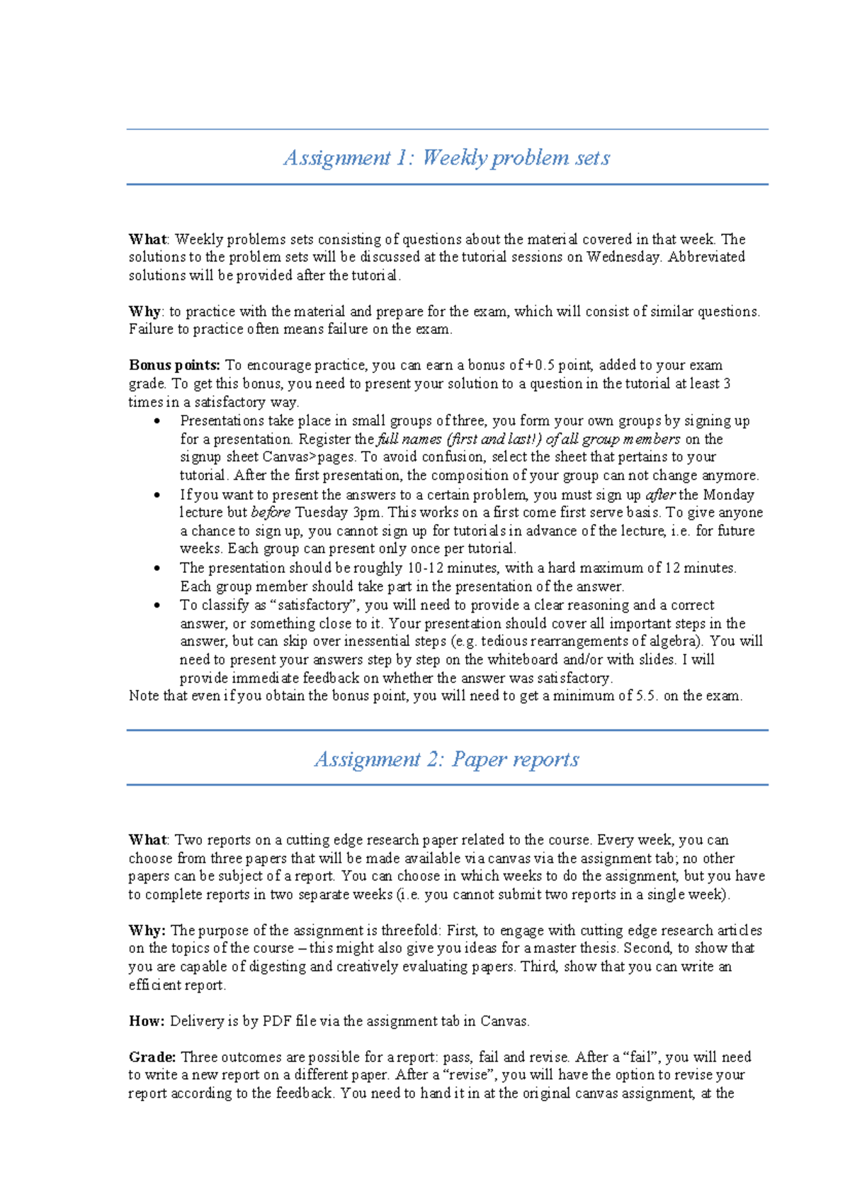 Assignments 1 & 2: Weekly Problem Sets & Paper Reports - Studeersnel