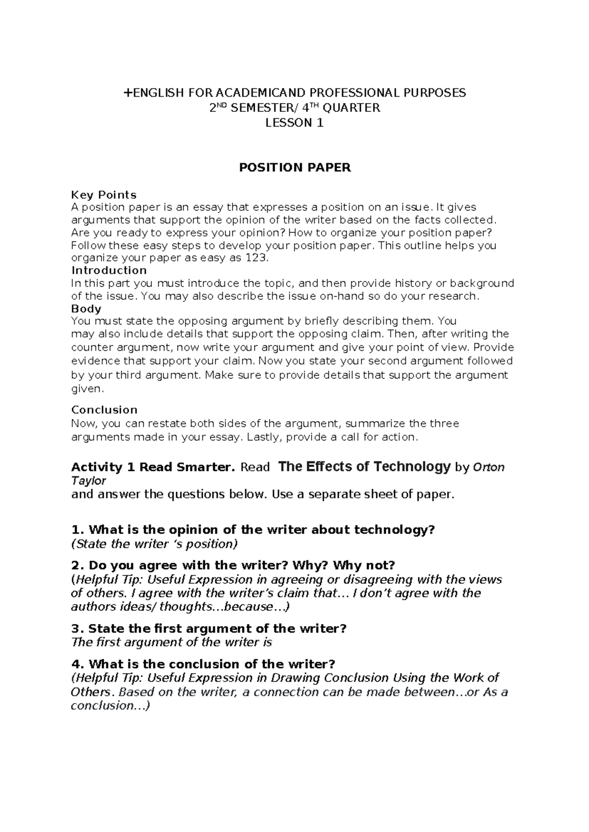 EAPP Lesson 1: Crafting a Position Paper on Technology Impact - Studocu