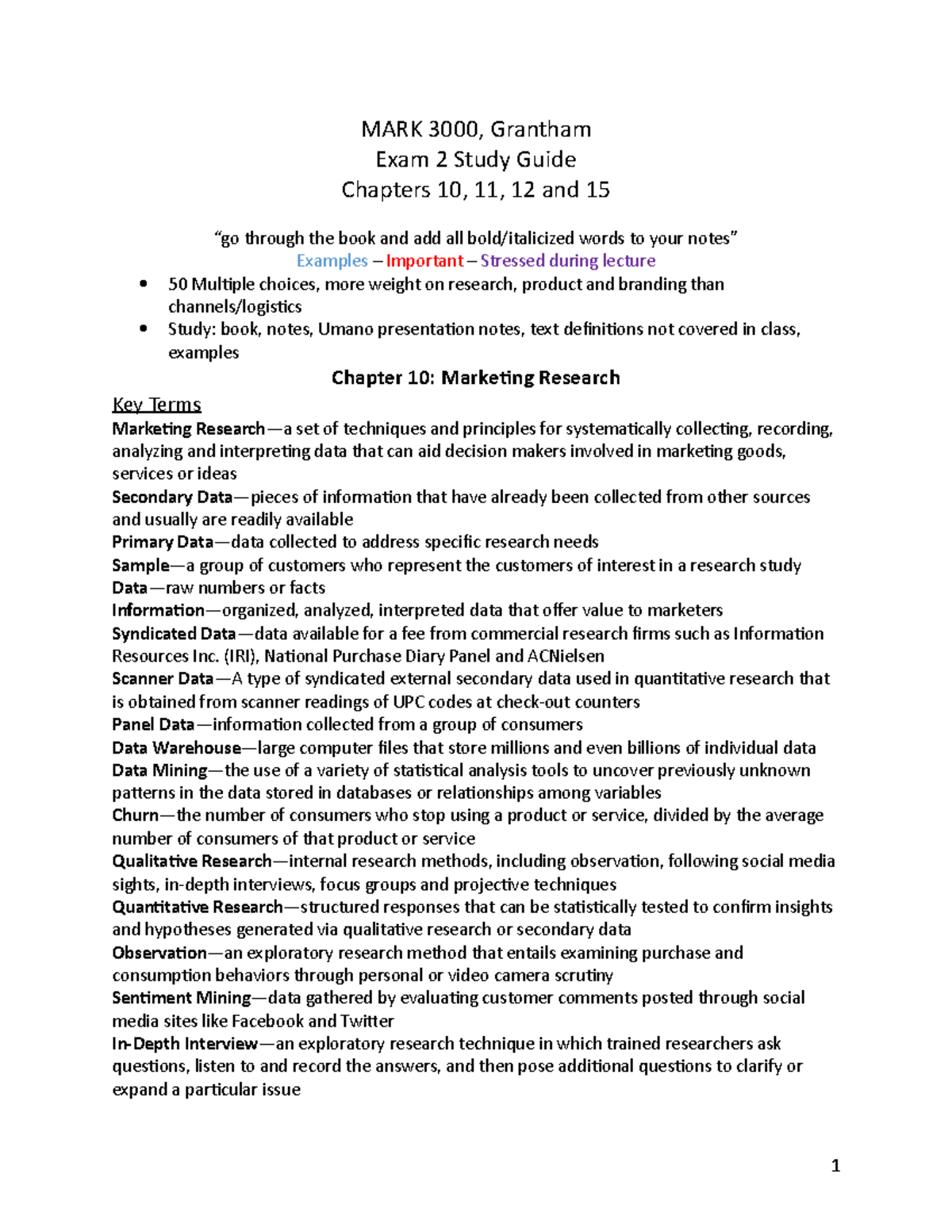 MARK 3000 Exam 2 Comprehensive Study Guide for Chapters 10-12 - Studocu