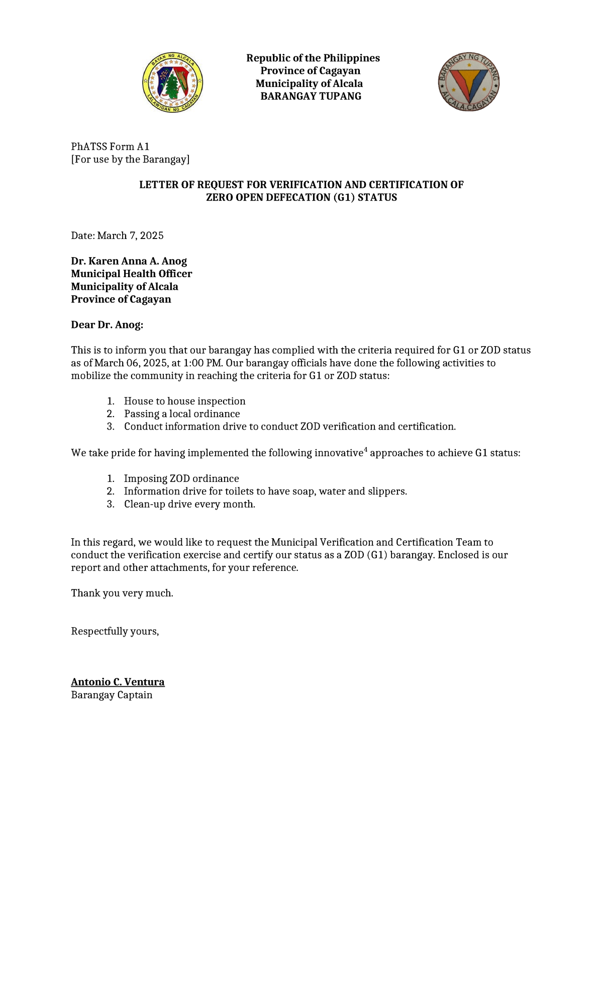 Ph ATSS-Form-A1 - Request for G1 Zero Open Defecation Status - Studocu