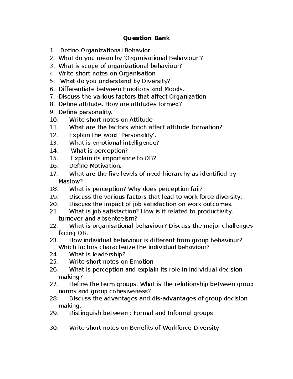 Organisational-Behaviour-Question-Bank - Question Bank Define ...