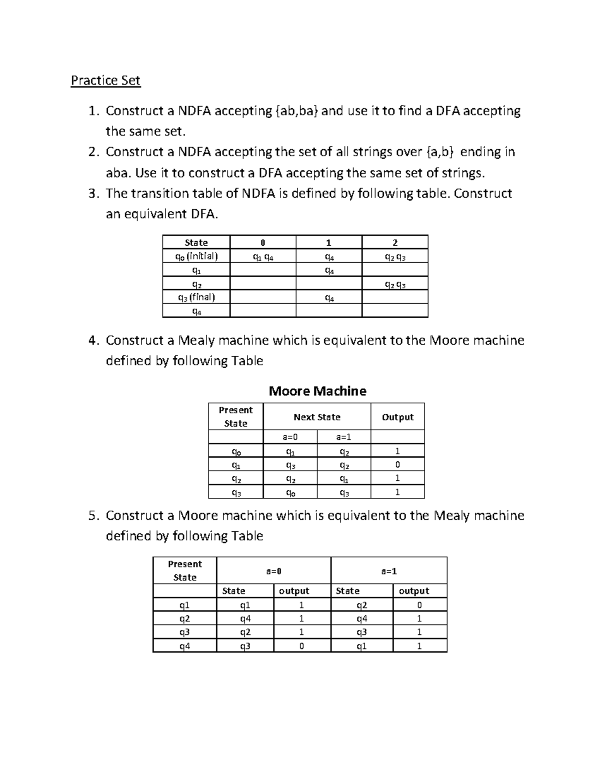 Practice Set FLAT: NDFA and DFA Construction Exercises - Studocu