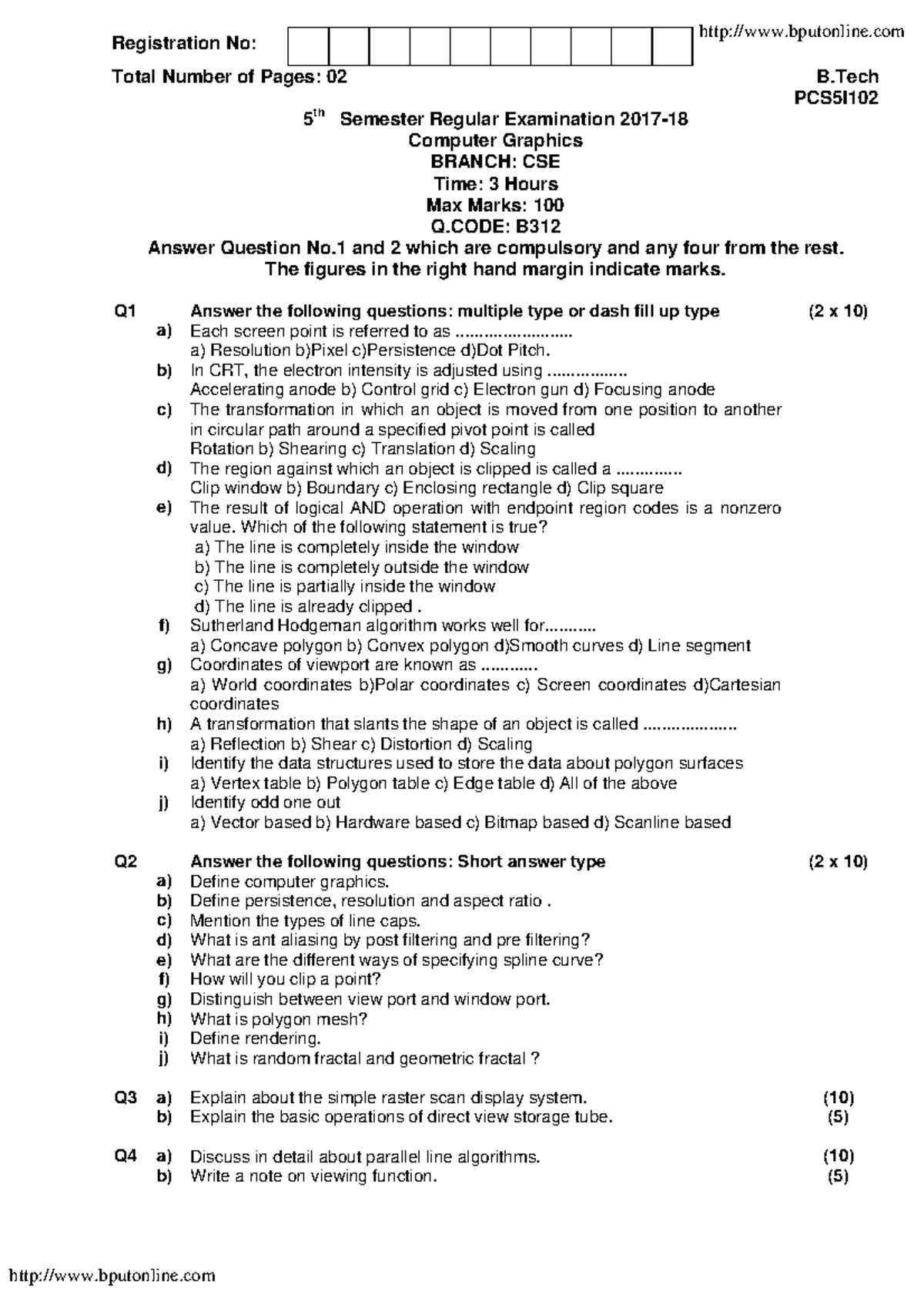 Btech cse 5 sem computer graphics pcs5i102 2018 - Registration No ...