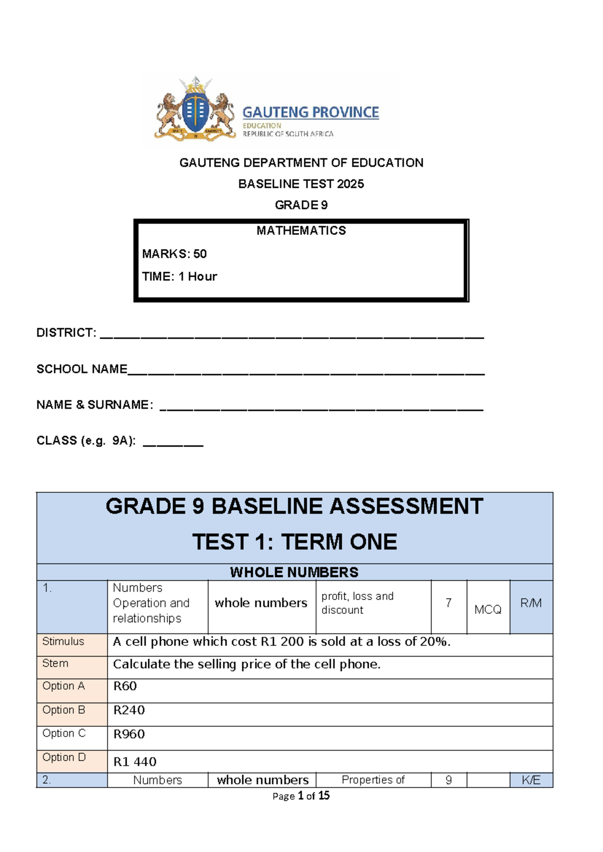 Grade 9 Mathematics Baseline Test 2025 - Term 1 Assessment - Studocu