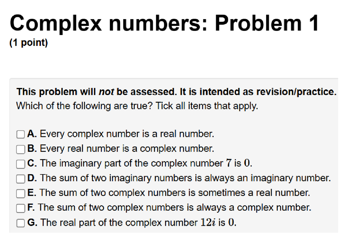 Com Question 1 - Complex Numbers: True/False Assessment - Studocu