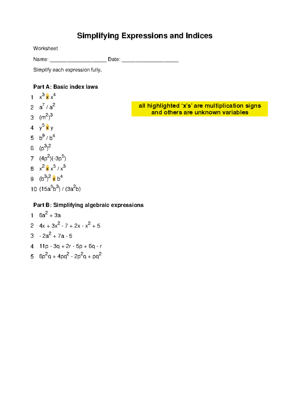 Simplifying Expressions & Indices Worksheet (Homework) - Studocu