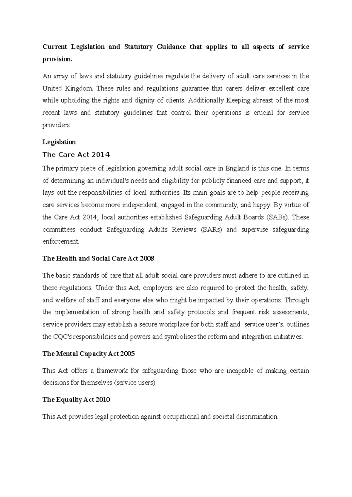 Current Legislation & Statutory Guidance for Adult Care Services - Studocu