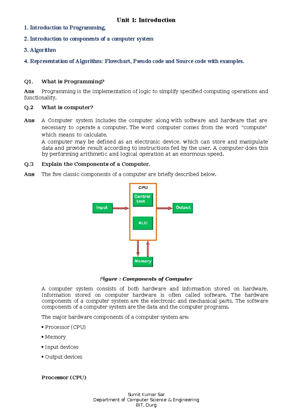 Programming for problem solving unit1 - Unit 1: Introduction 1 ...