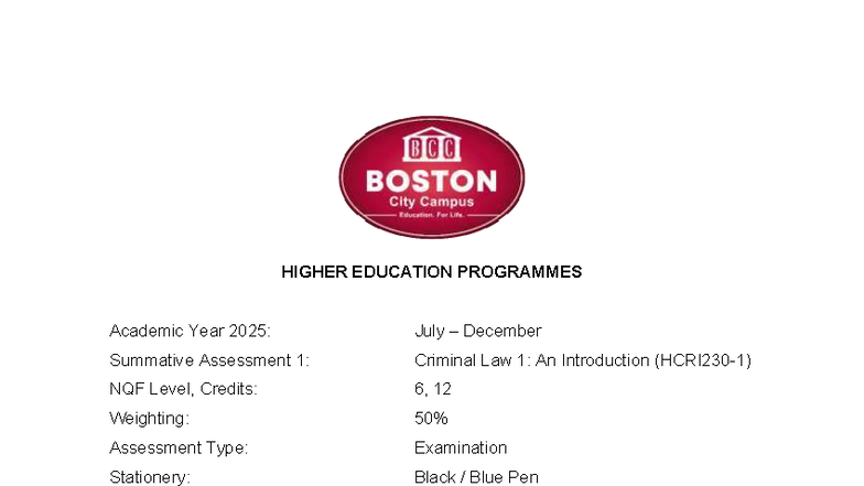 HCRI230: Jul-Dec 2025 Summative Assessment 1 - Criminal Law 1 Exam ...