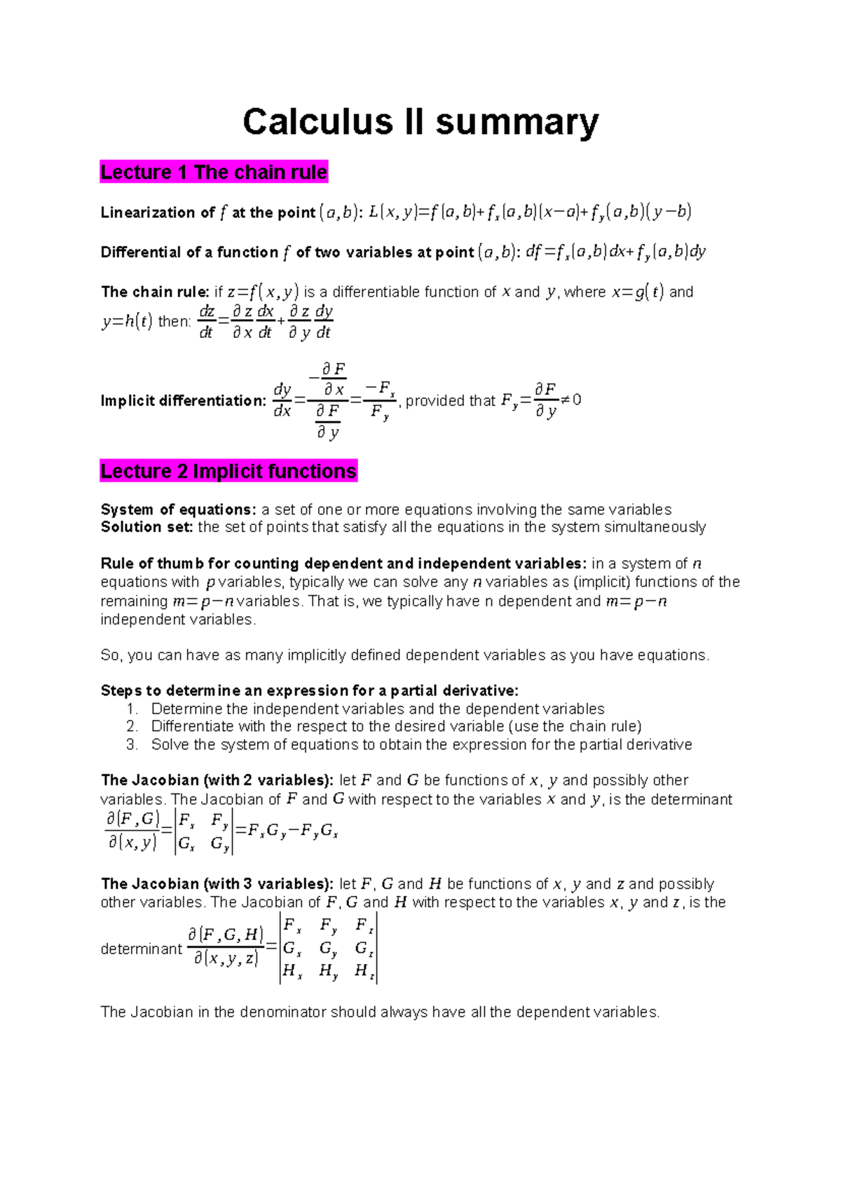 Calculus II (MATH 202) Lecture Summary and Key Concepts - Studeersnel
