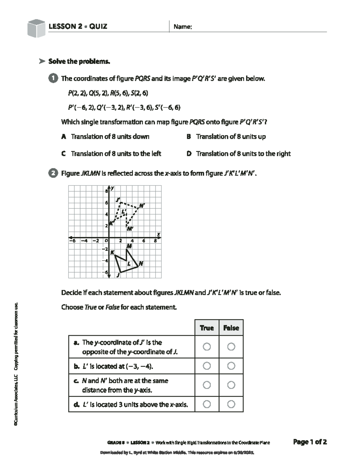 Grade 8 Lesson 2 Quiz Review - Transformations and Reflections - Studocu