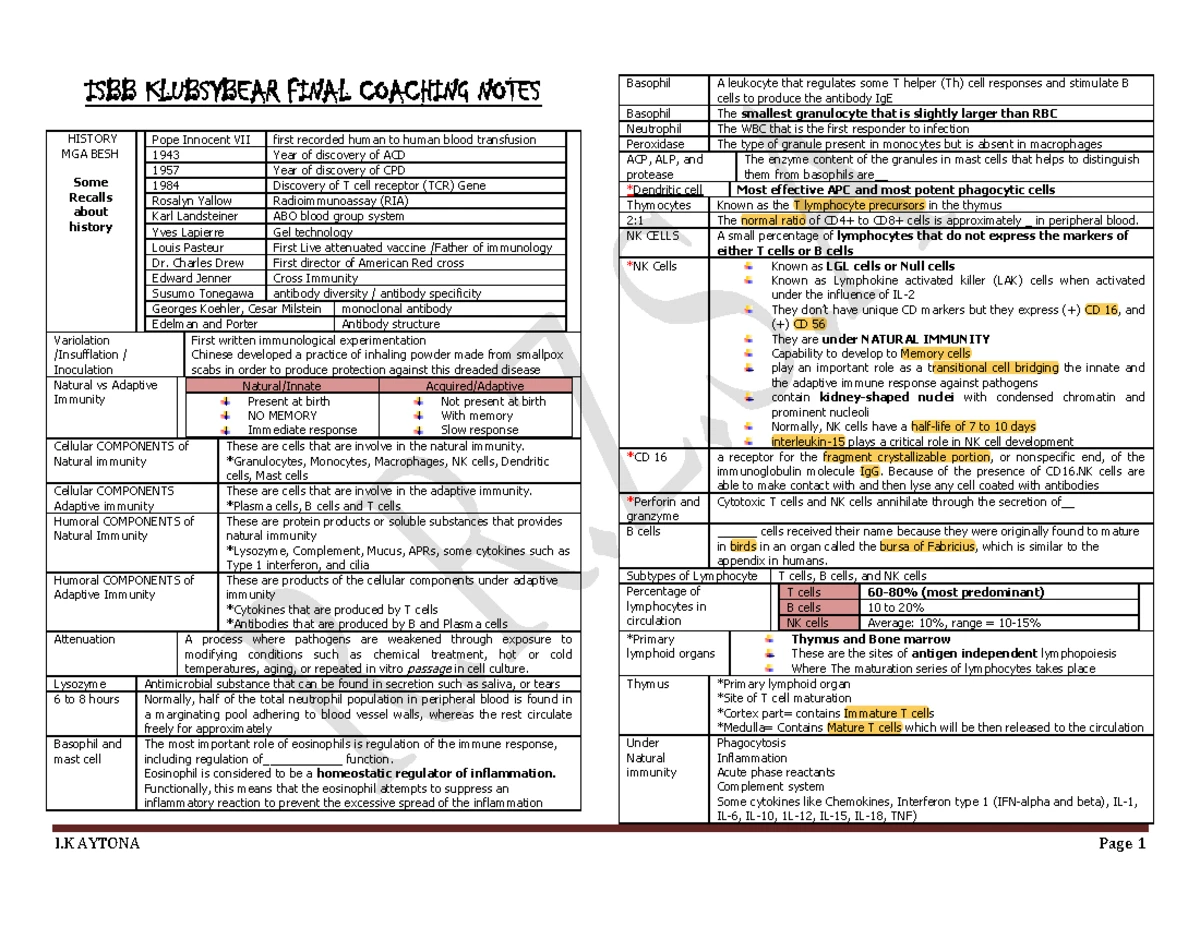 ISBB KLUBSYBEAR FINAL COACHING NOTES ON IMMUNOLOGY 230220 - Studocu