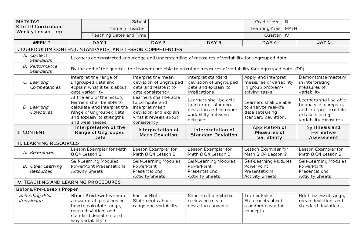 Math 8 Q4 Lesson 2: Understanding Measures of Variability - Studocu
