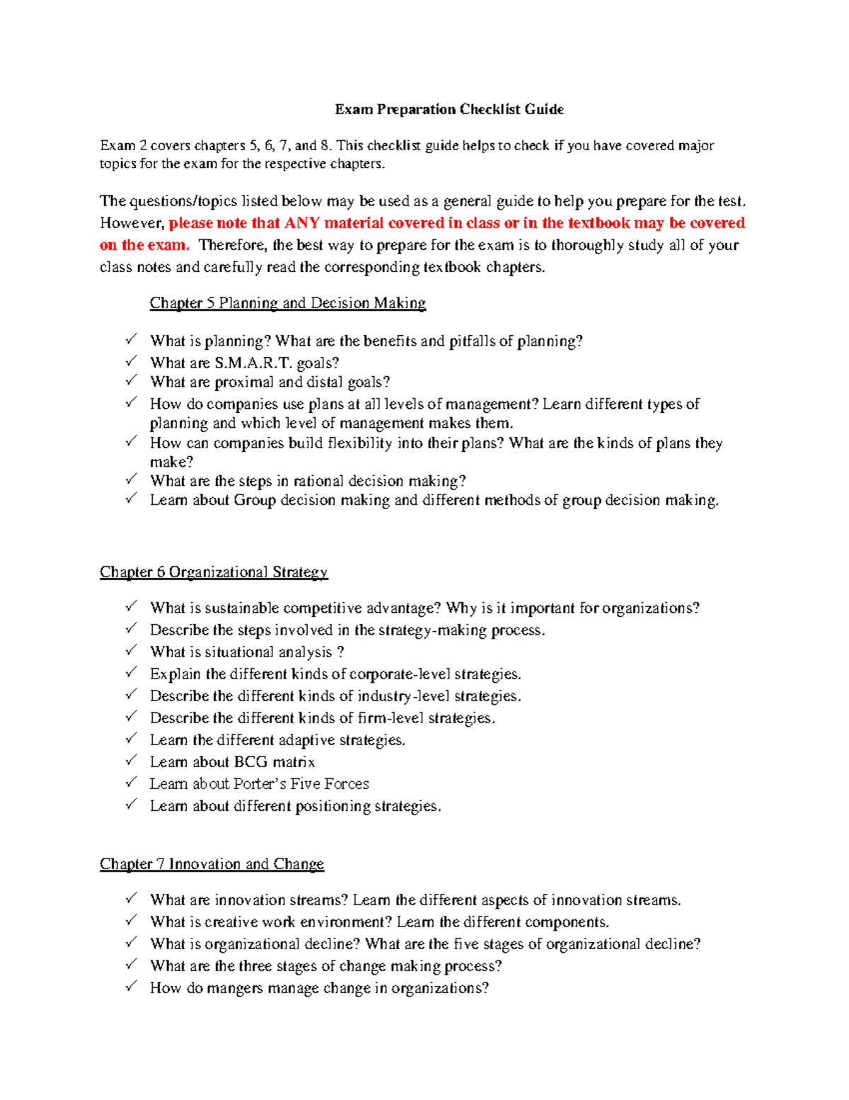 Exam 2 Preparation Checklist: Chapters 5-8 Overview and Key Topics ...