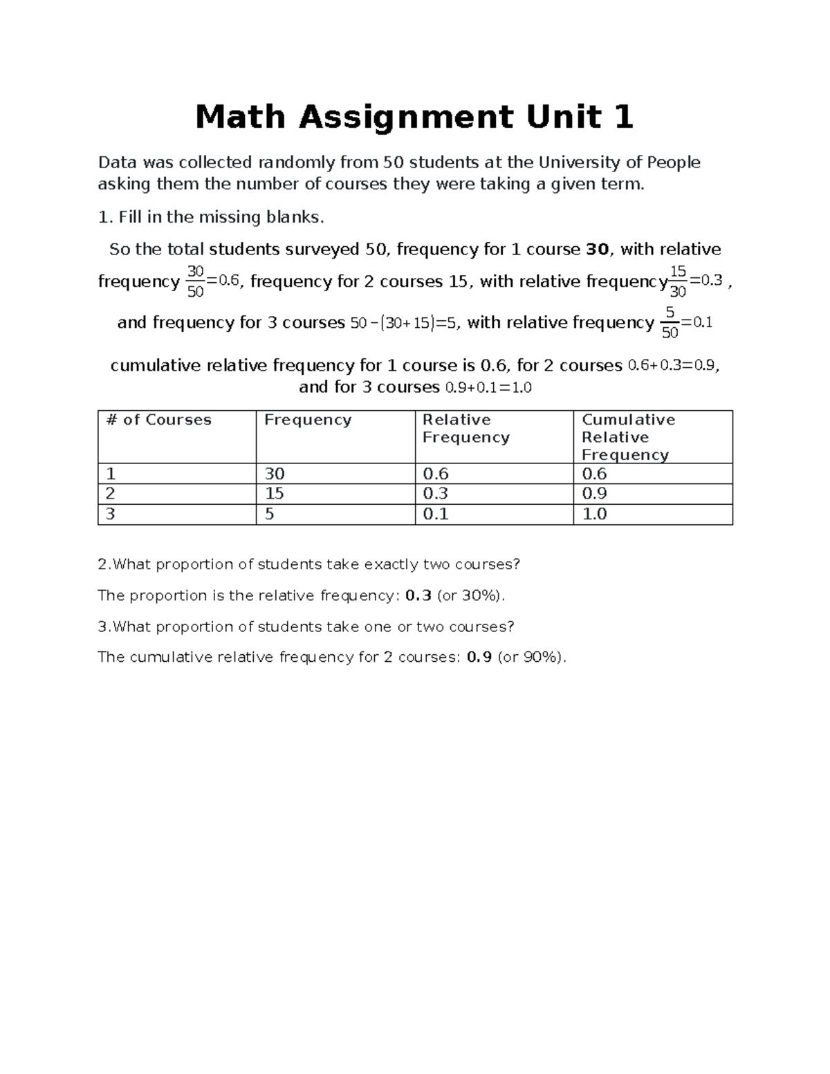 Math Assignment Unit - Fill in the missing blanks. So the total ...