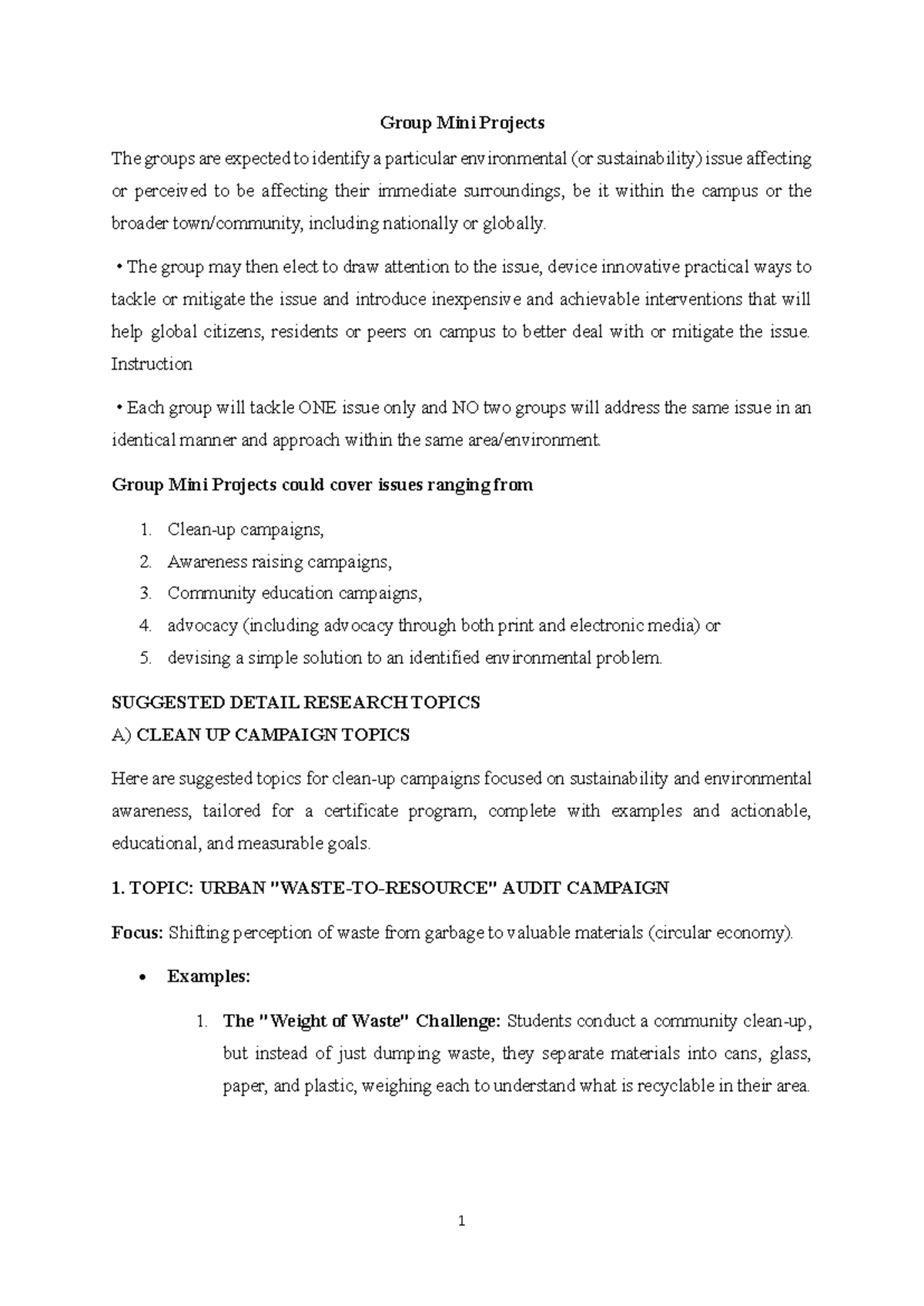 MINI Projects: Suggested Topics for Sustainability & Environmental ...