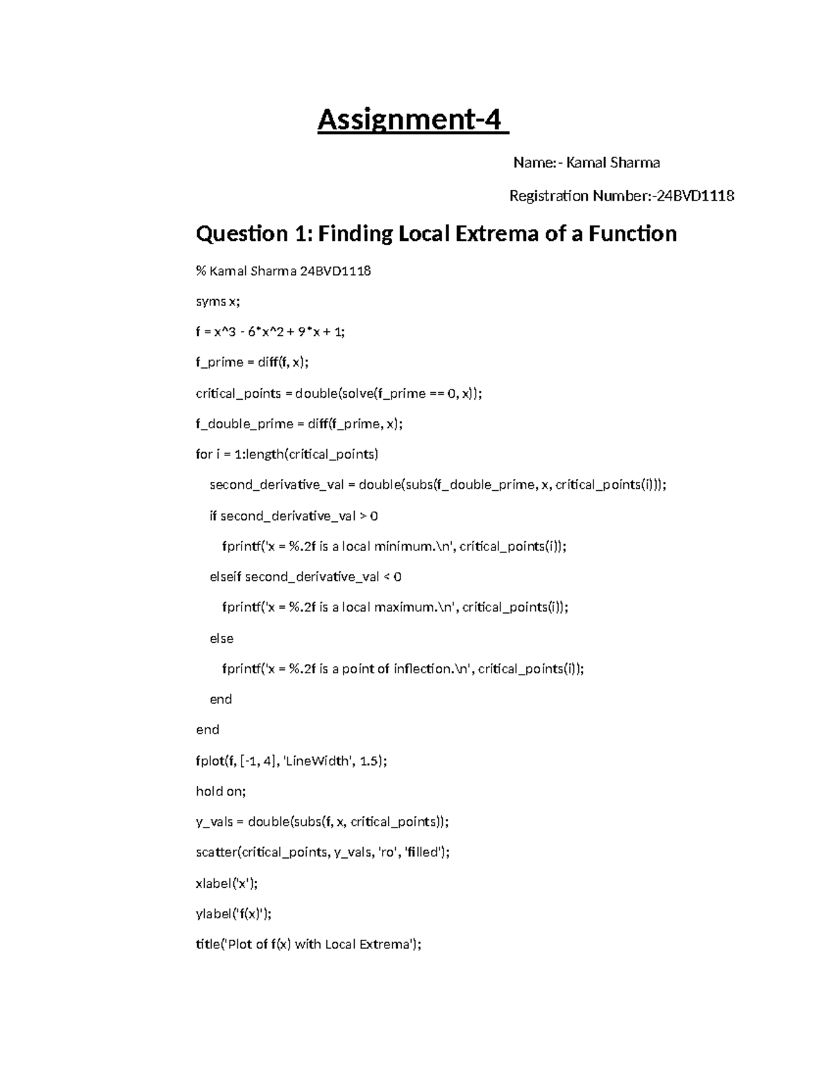 Assignment 4 matlab - dont do - Assignment- Name:- Kamal Sharma ...