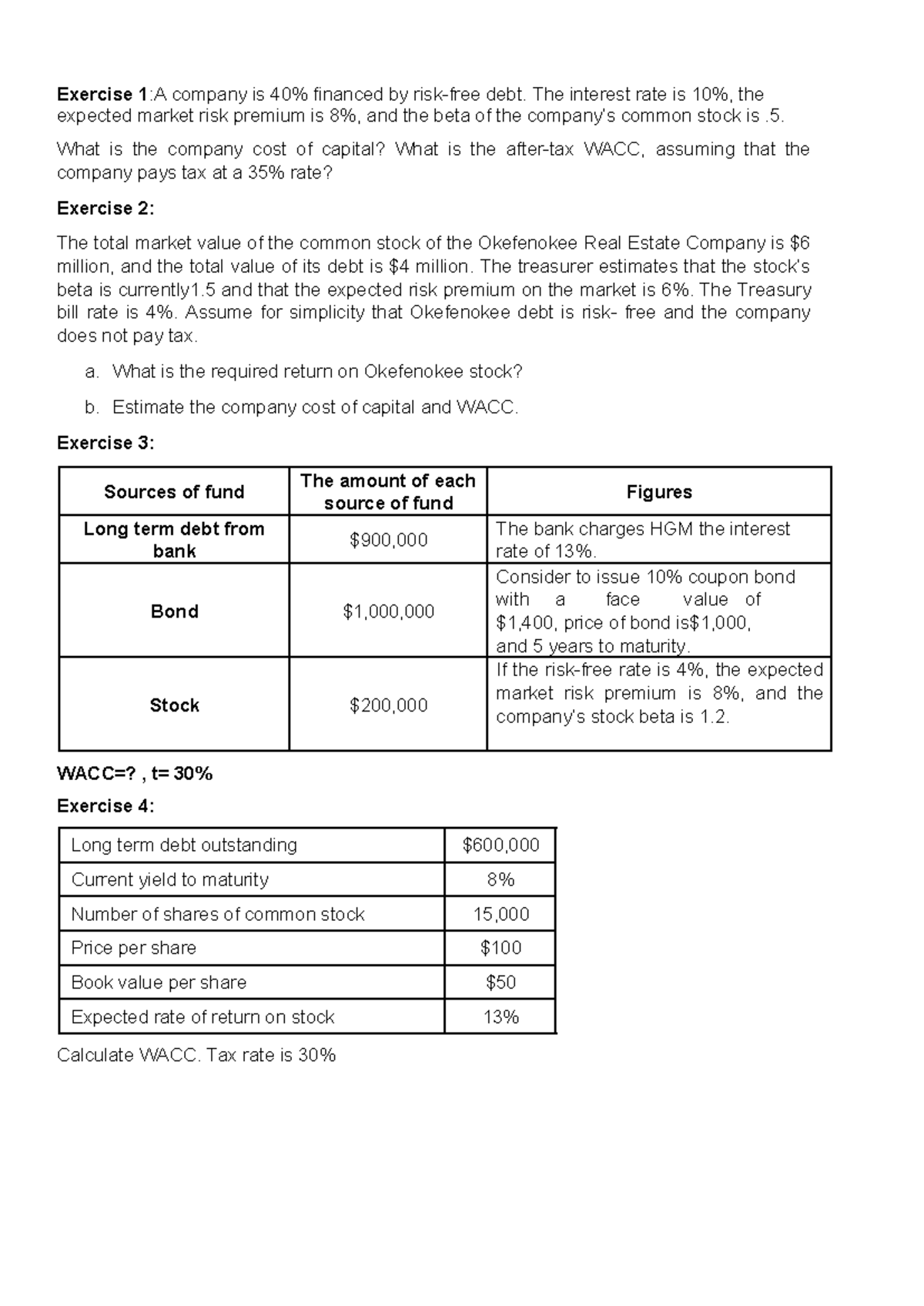 WACC Calculations and Solutions for Financial Exercises (Course Code ...