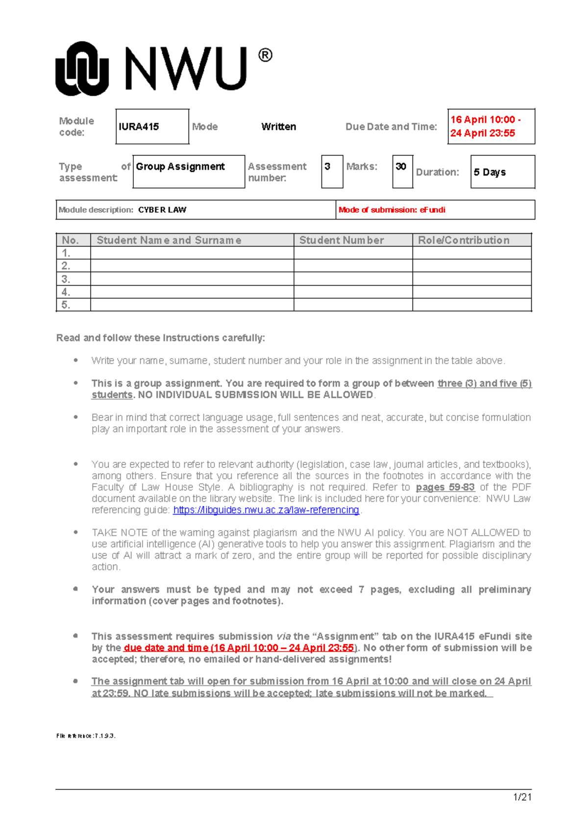 IURA415 Cyber Law Group Assignment No. 1 Guidelines - Studocu