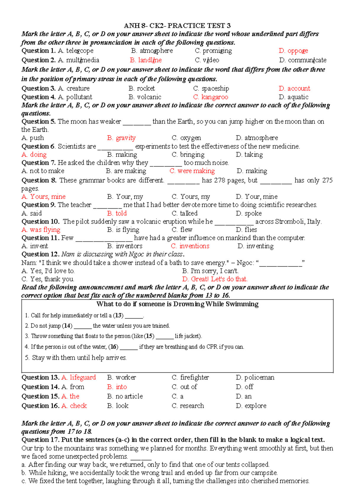 ANH PRACTICE TEST 3: Pronunciation, Stress, and Comprehension Questions ...