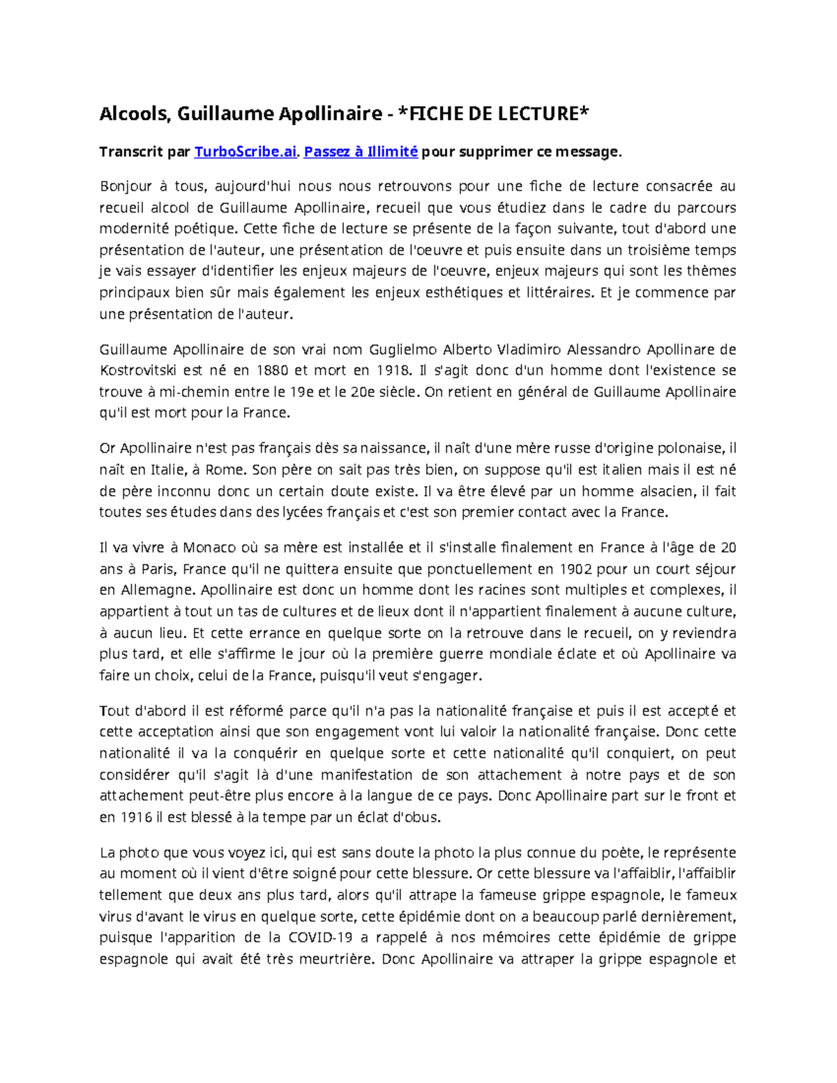 Alcools, Guillaume Apollinaire - Fiche de Lecture et Analyse - Studocu