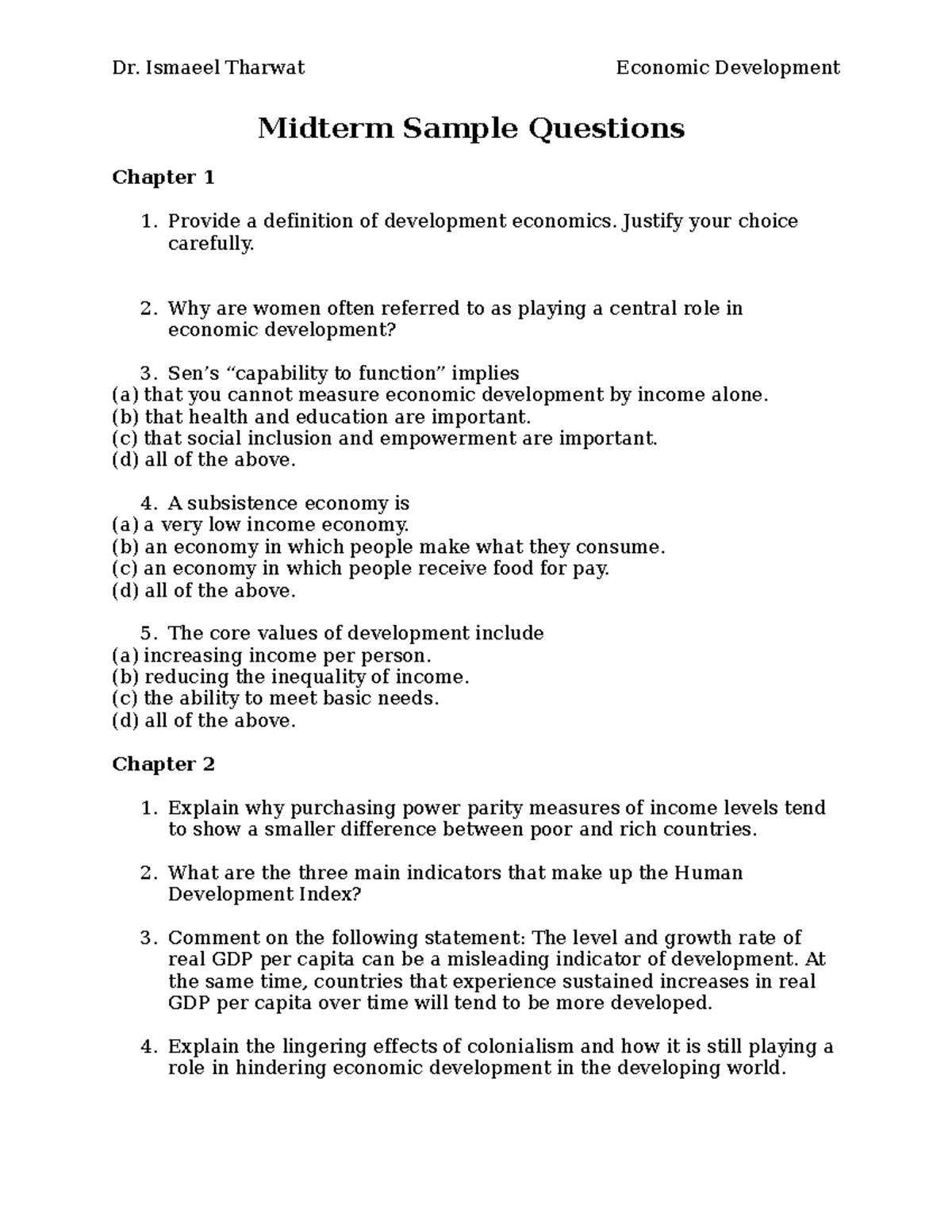 305 Midterm Exam Sample Questions on Economic Development - Studocu