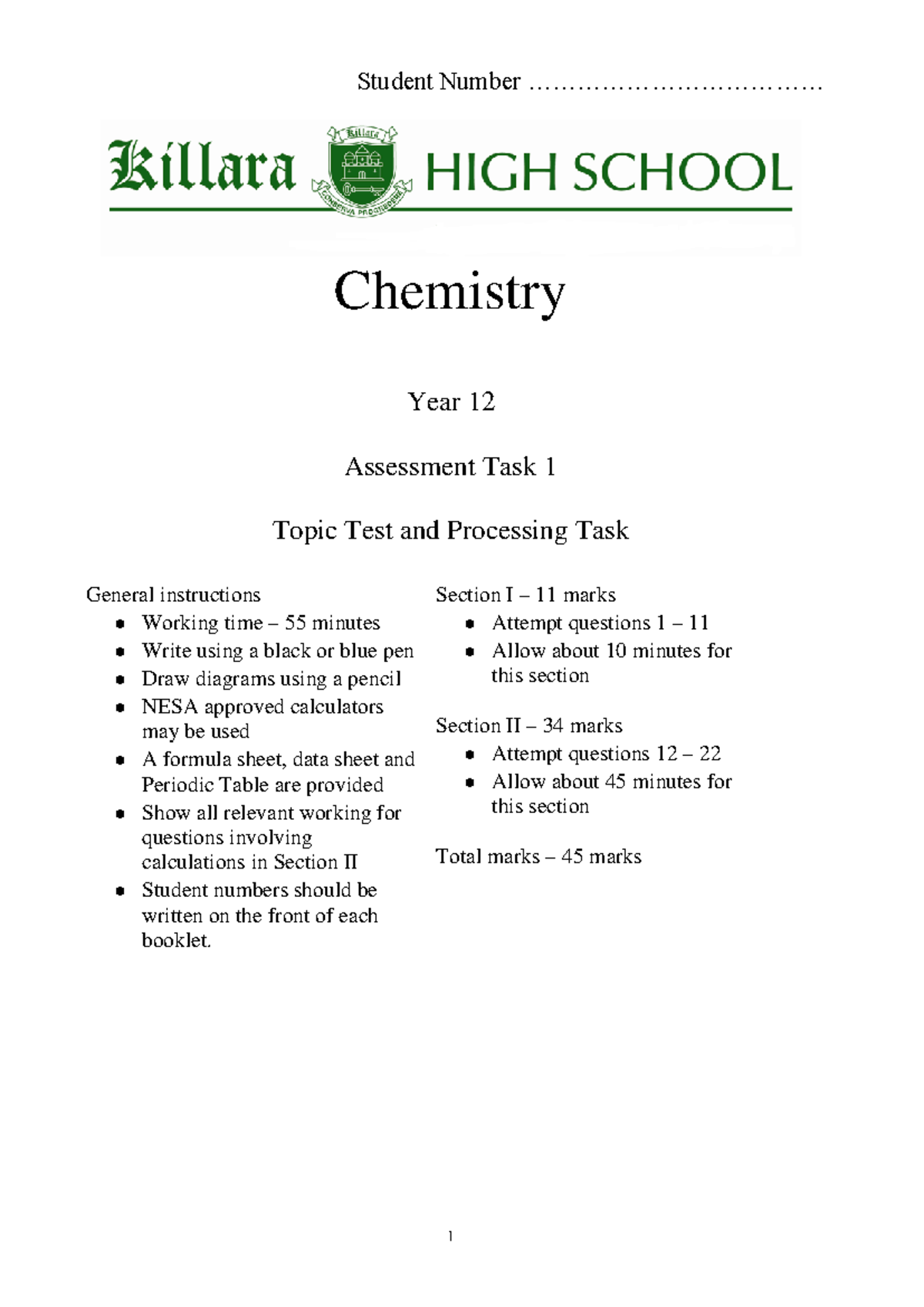 KHS Chemistry Year 12 Assessment Task 1: Topic Test 2023 - Studocu