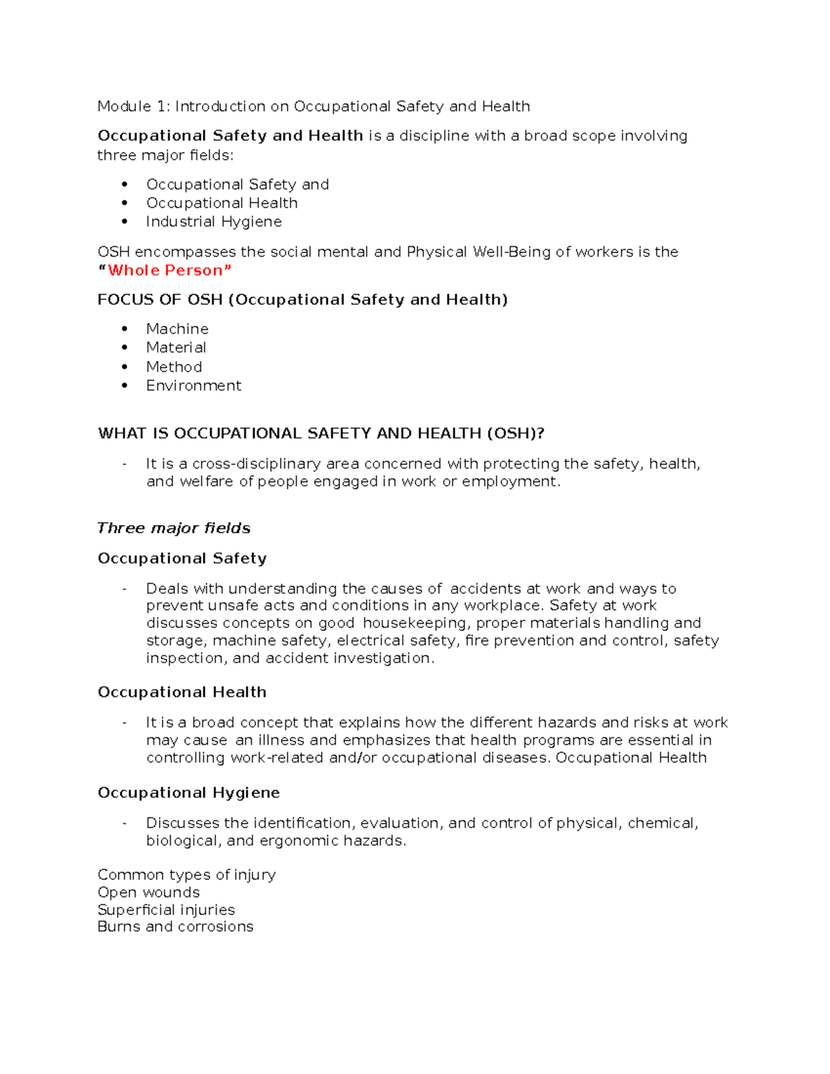 BOSH Module 1: Intro to Occupational Safety & Health Concepts - Studocu