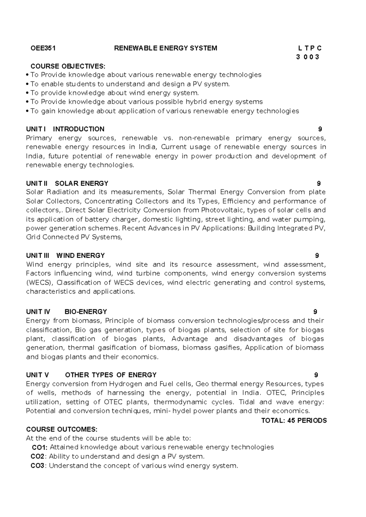 OEE351 Renewable Energy Systems Syllabus and Course Objectives - Studocu