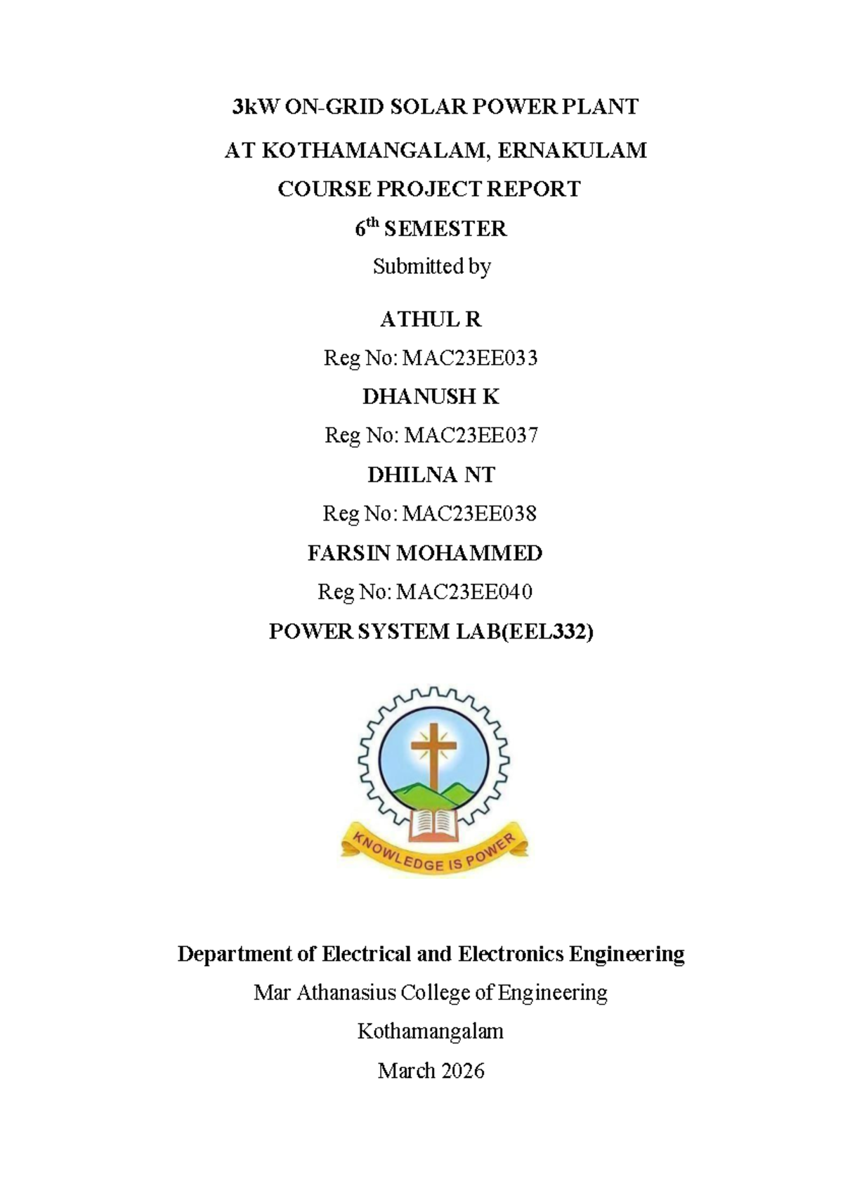 3kW ON GRID SOLAR POWER PLANT PROJECT REPORT (EEL332) - Studocu