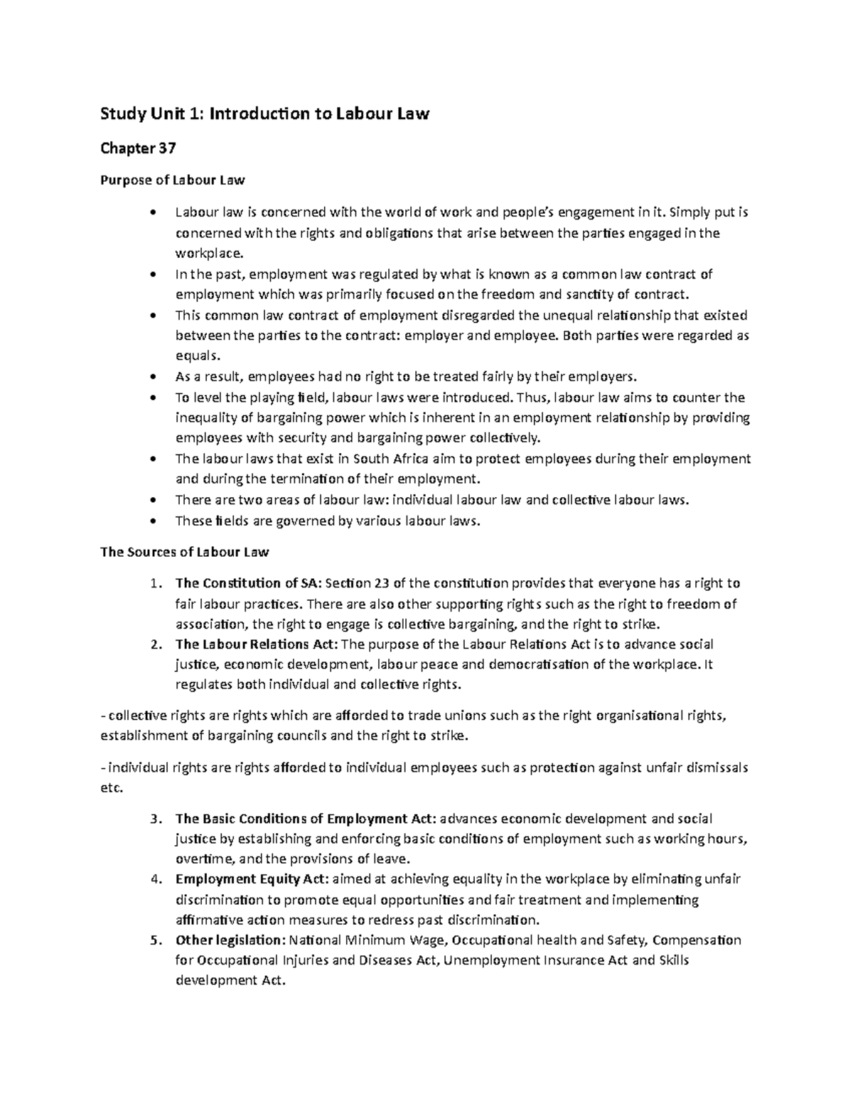 BER220 notes week 11 and 12 - Study Unit 1: Introduction to Labour Law ...