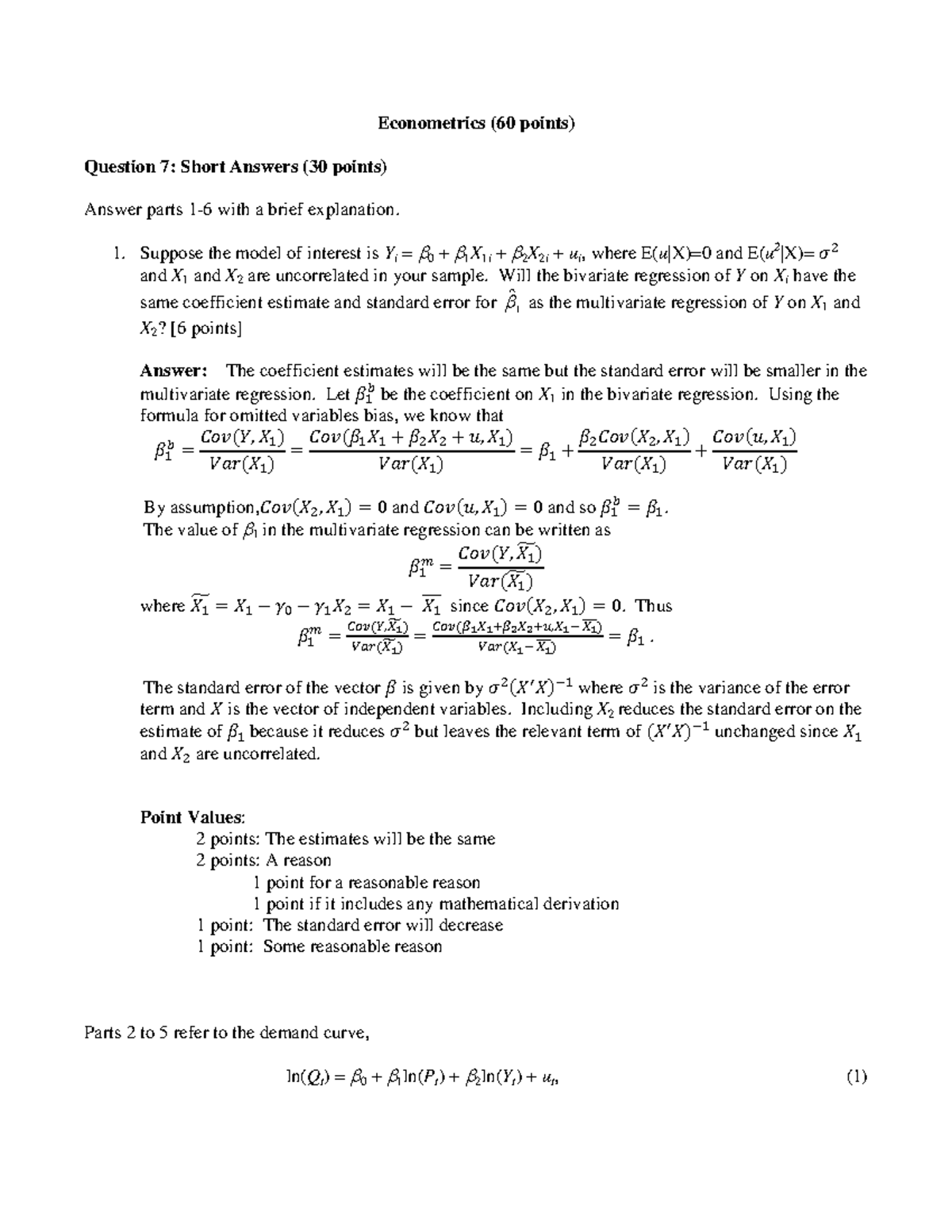 Econometrics Exam Questions with Short Answers and Analysis - Studocu