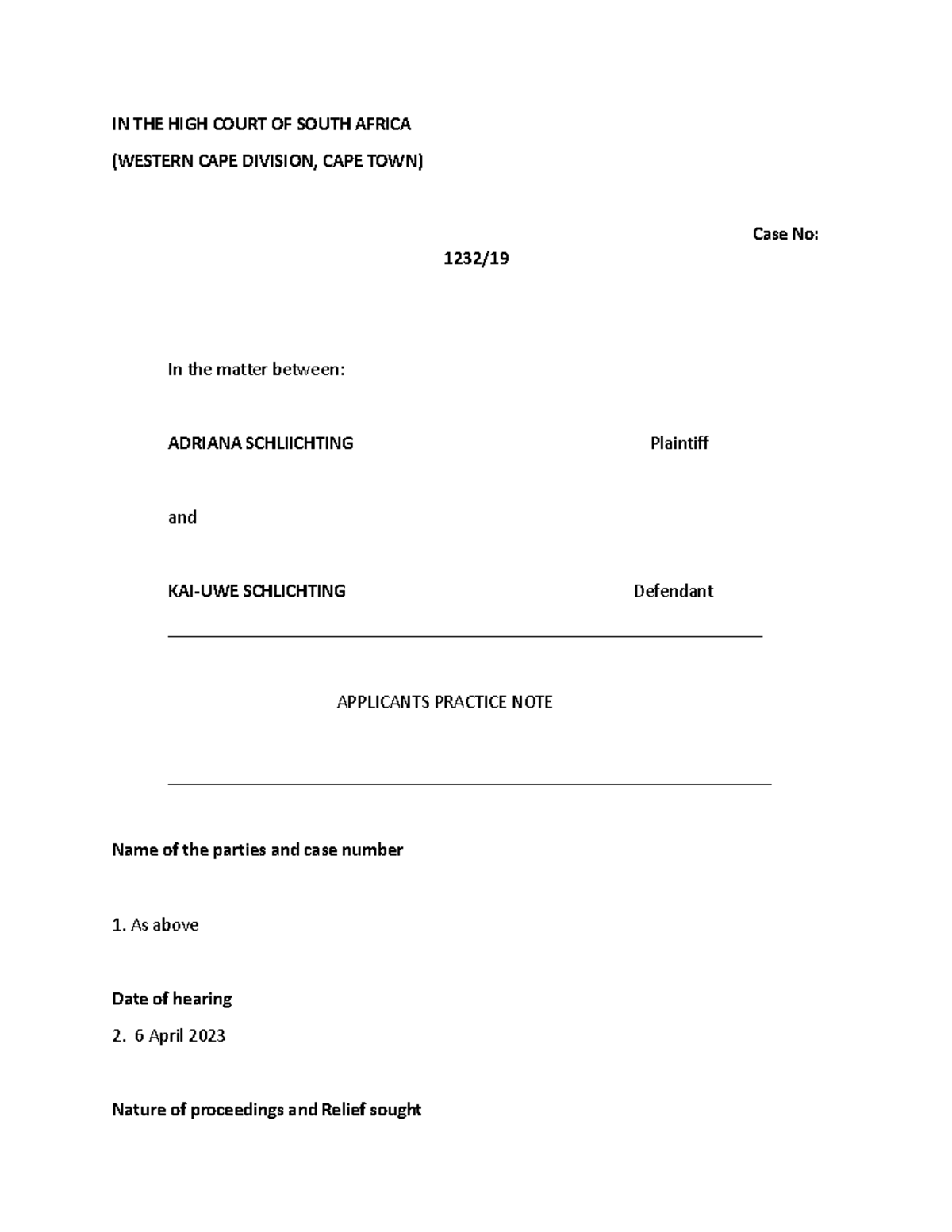 Divorce Case Practice Note - High Court Western Cape (Case 1232) - Studocu
