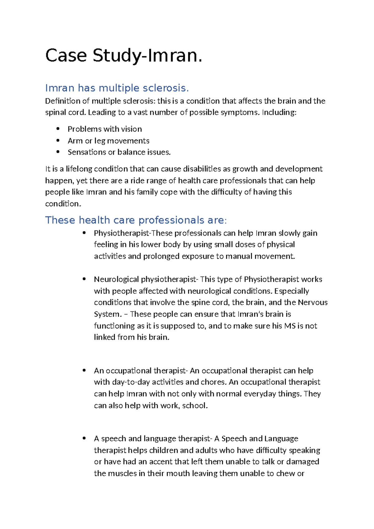 Case Study: Imran's Journey with Multiple Sclerosis (MS) - Studocu