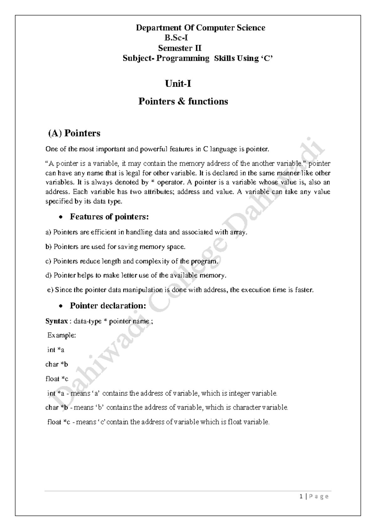 Department Of Computer Science Semester II Programming Skills: Pointers ...