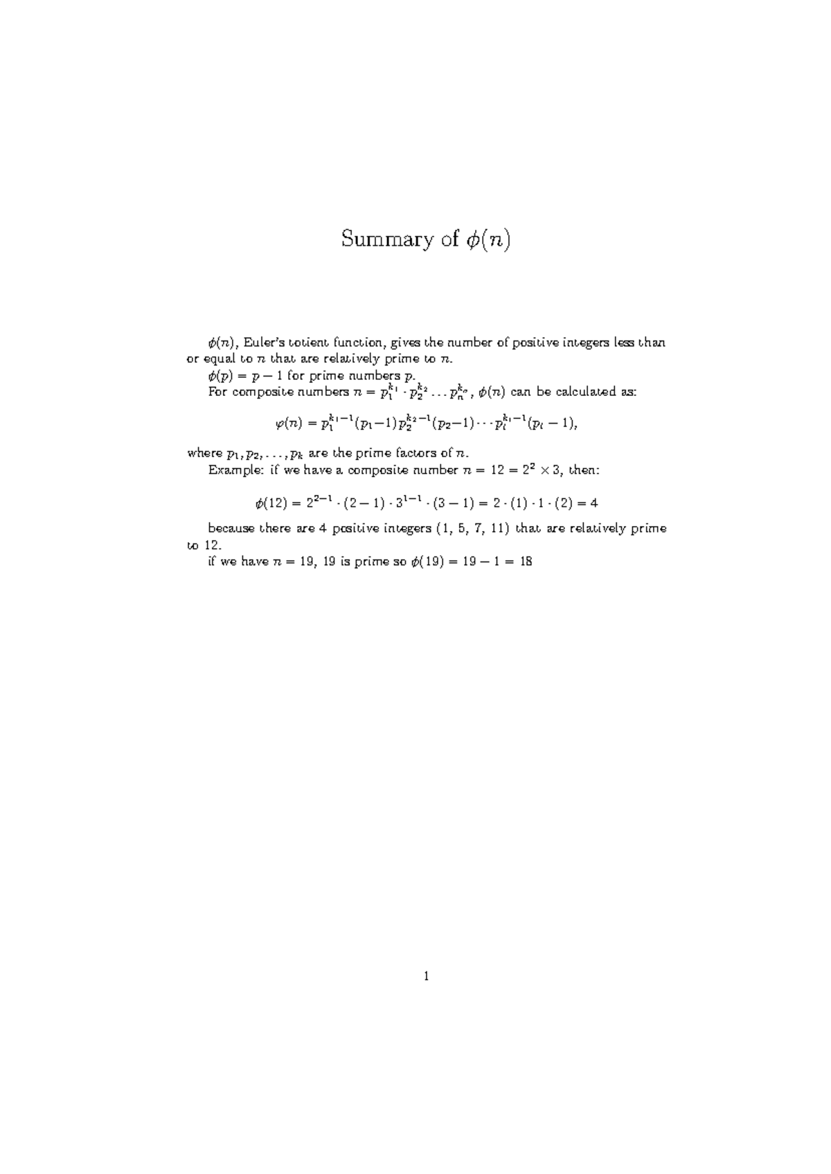 PHI ϕ(n) Euler Totient Function Summary and Examples - Studocu