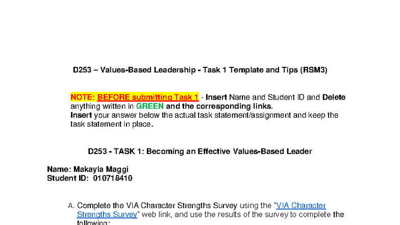 D253 - RSM3 Task 1: Values-Based Leadership Insights and Tips - Studocu