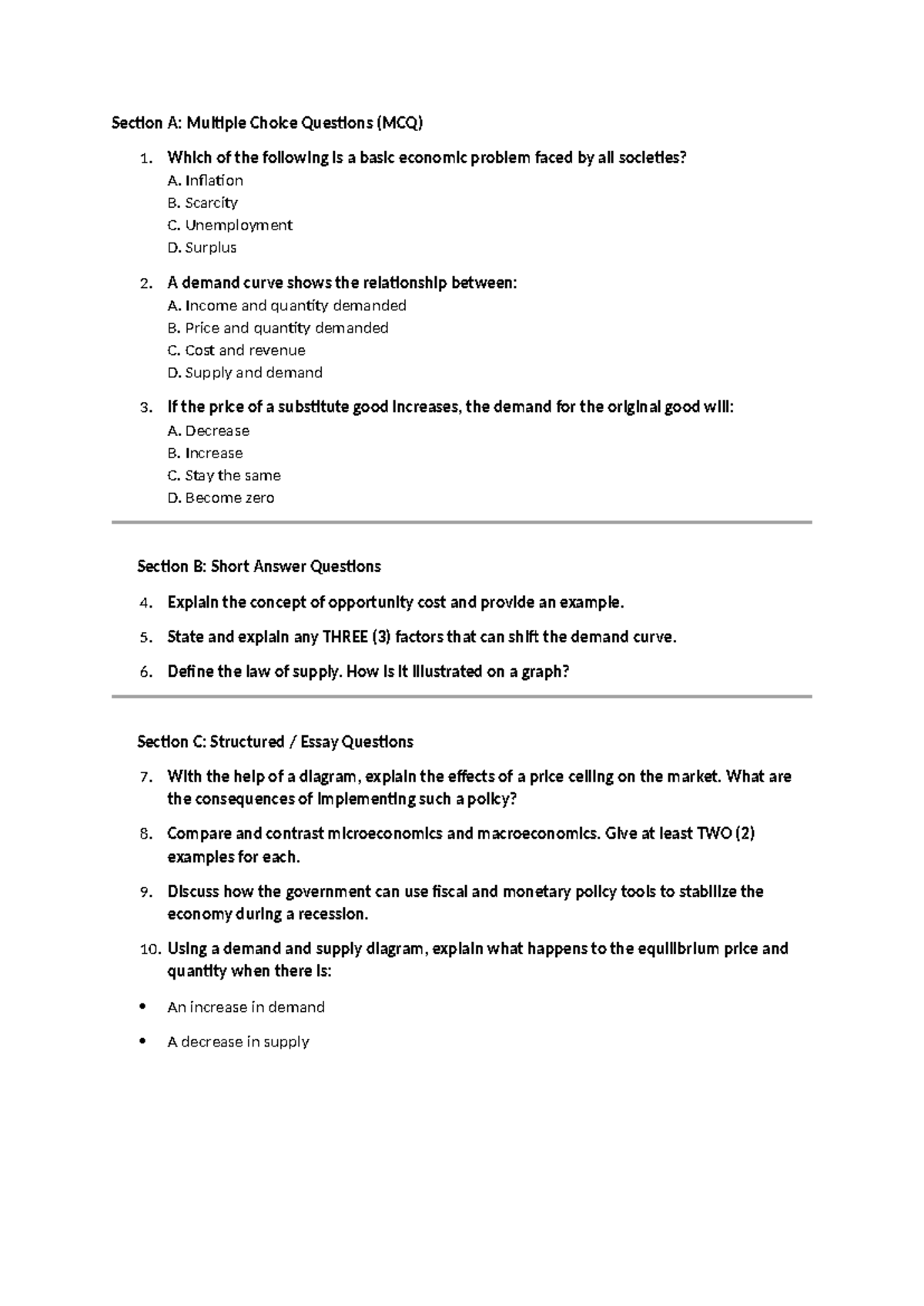 ECO 101: Section A - MCQs, Short Answers & Essay Questions Tutorial ...