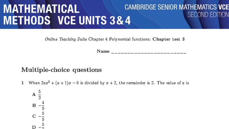 Polynomial Functions Chapter 4 Test: Questions & Answers (Course Code ...